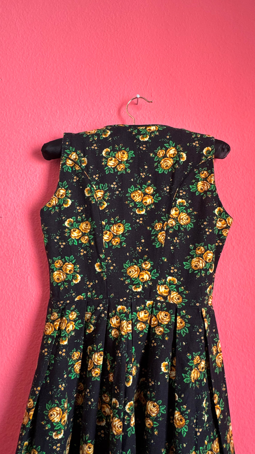 Vintage 1980s Black and Golden Rose Floral Dirndl Dress