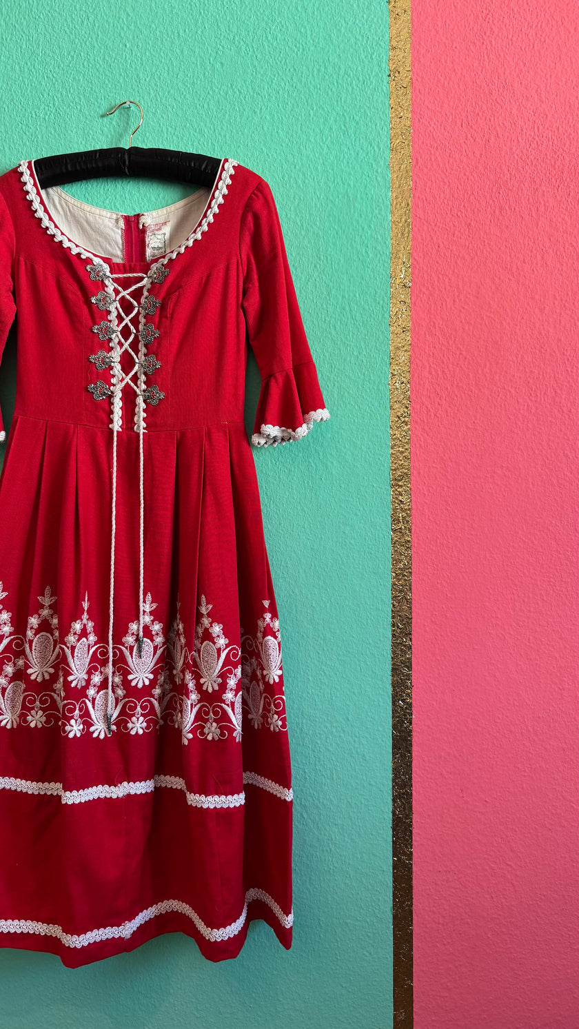 Vintage 1970s Red Embroidered Lace-Up Dirndl Dress