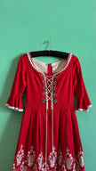 Vintage 1970s Red Embroidered Lace-Up Dirndl Dress