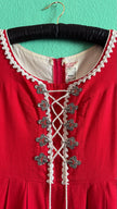 Vintage 1970s Red Embroidered Lace-Up Dirndl Dress