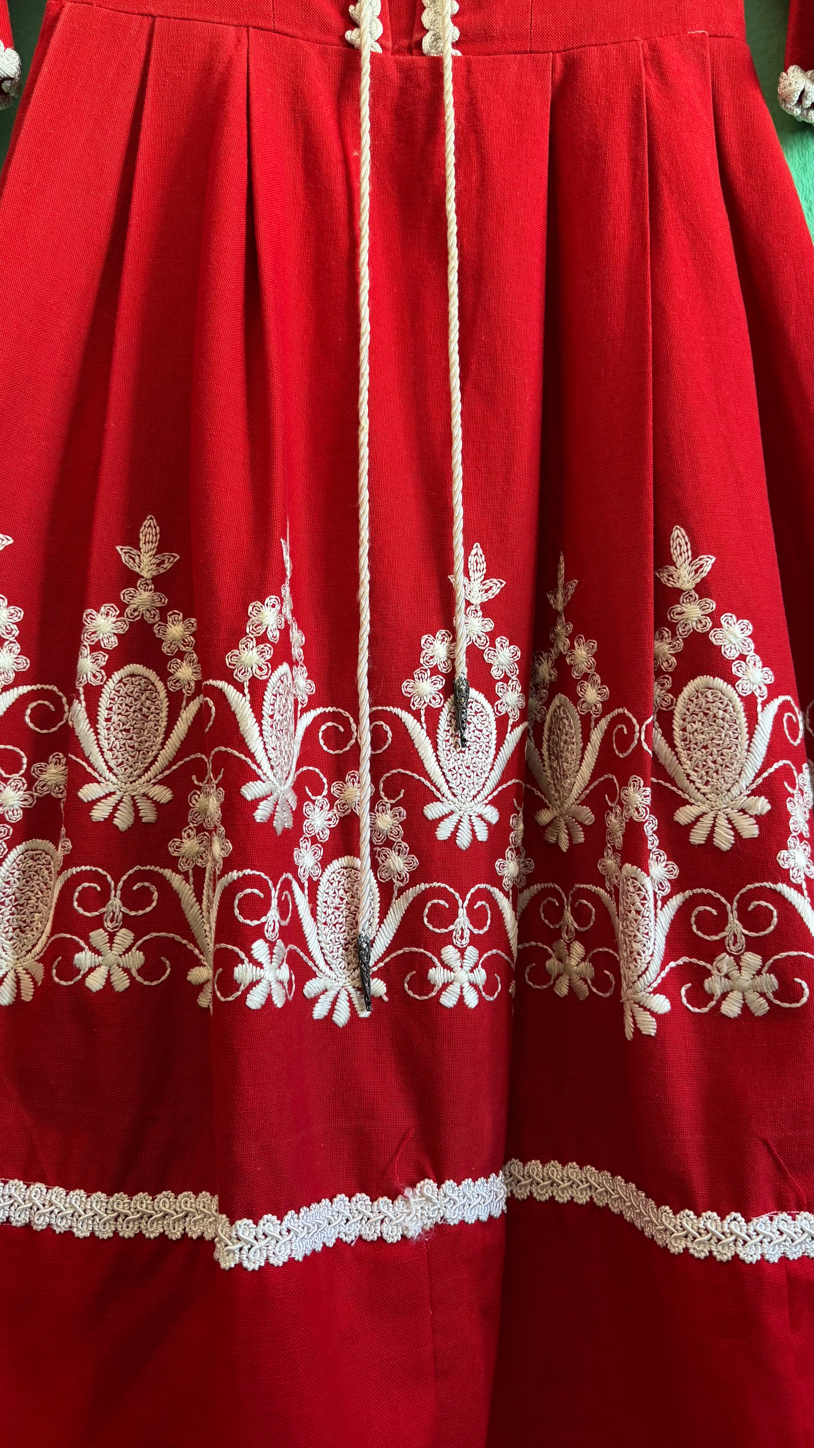 Vintage 1970s Red Embroidered Lace-Up Dirndl Dress