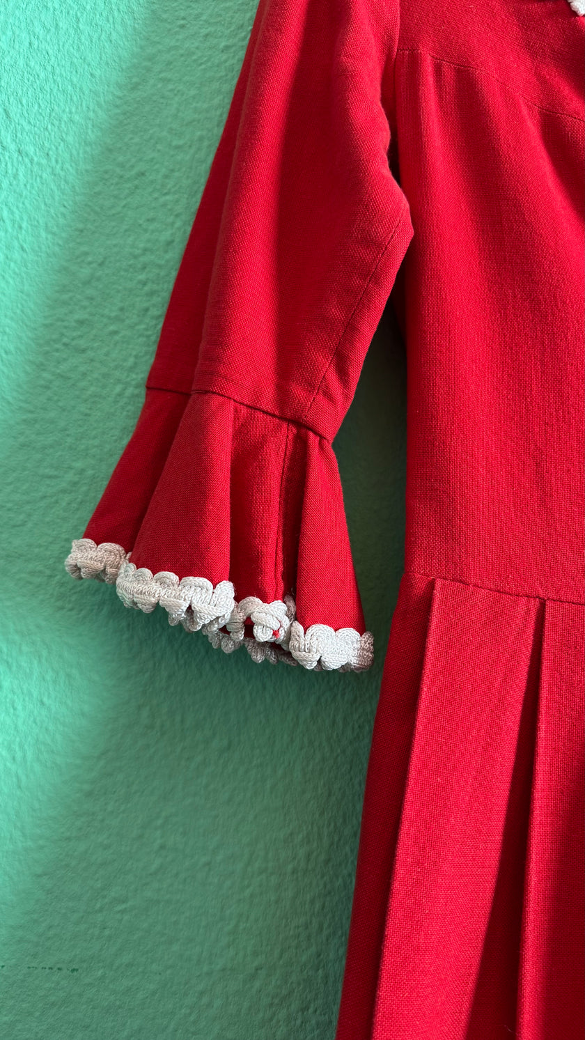 Vintage 1970s Red Embroidered Lace-Up Dirndl Dress