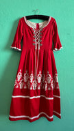 Vintage 1970s Red Embroidered Lace-Up Dirndl Dress