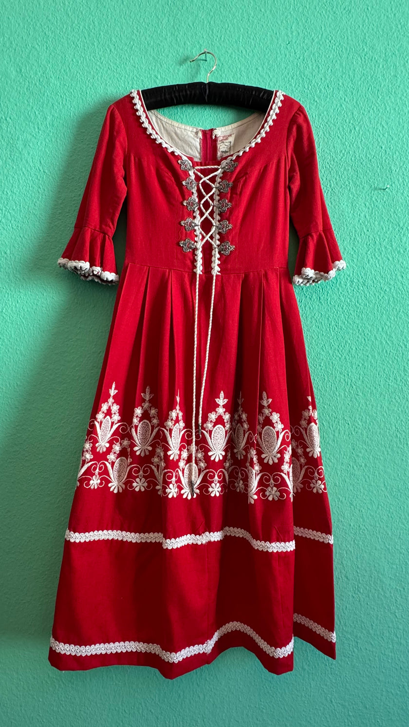 Vintage 1970s Red Embroidered Lace-Up Dirndl Dress
