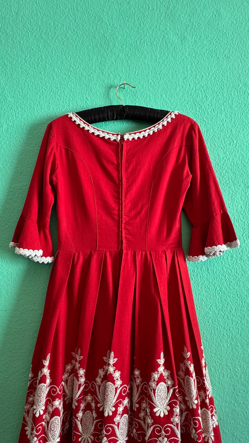 Vintage 1970s Red Embroidered Lace-Up Dirndl Dress