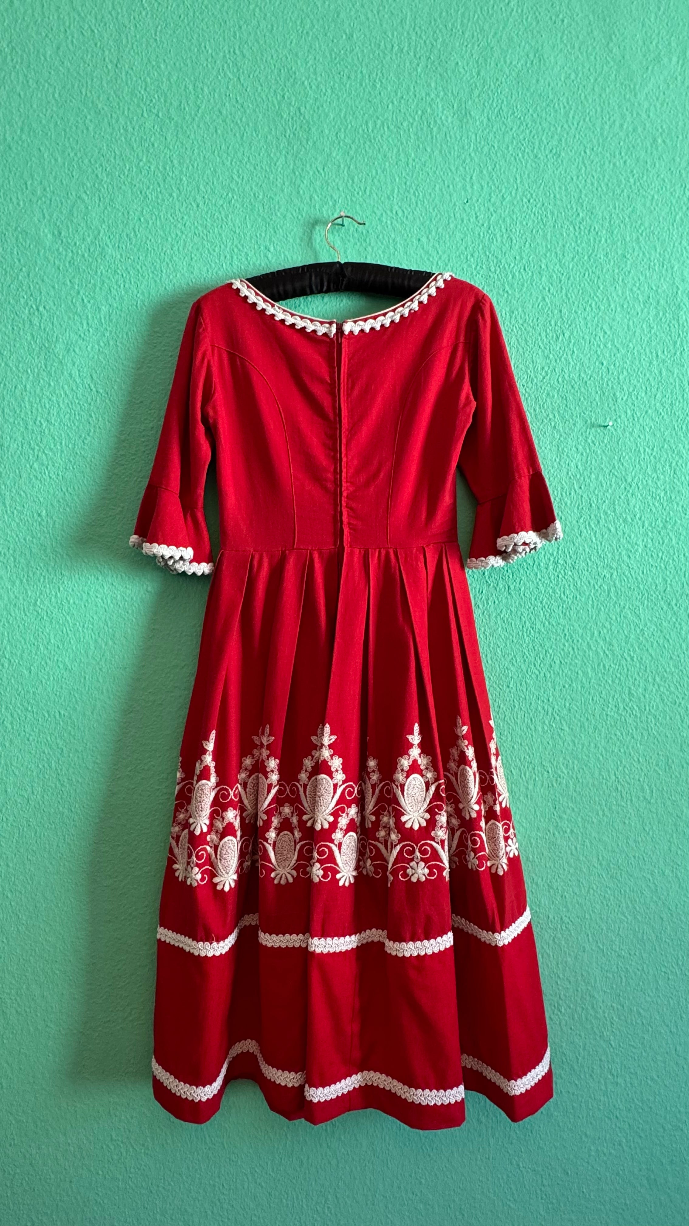 Vintage 1970s Red Embroidered Lace-Up Dirndl Dress