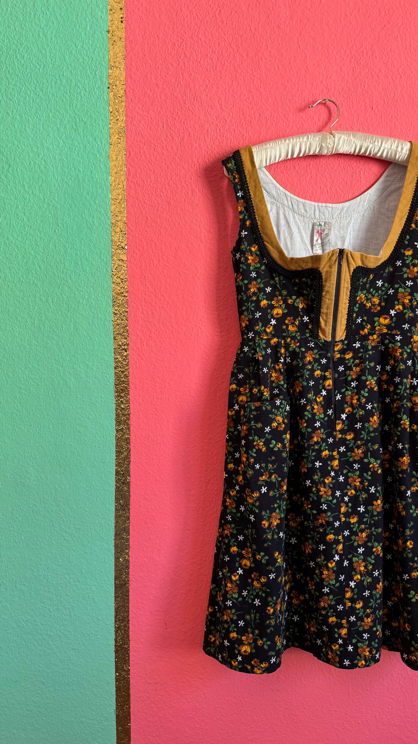 Vintage 1970s Black Floral Dirndl Dress by Wunderlich Dirndl