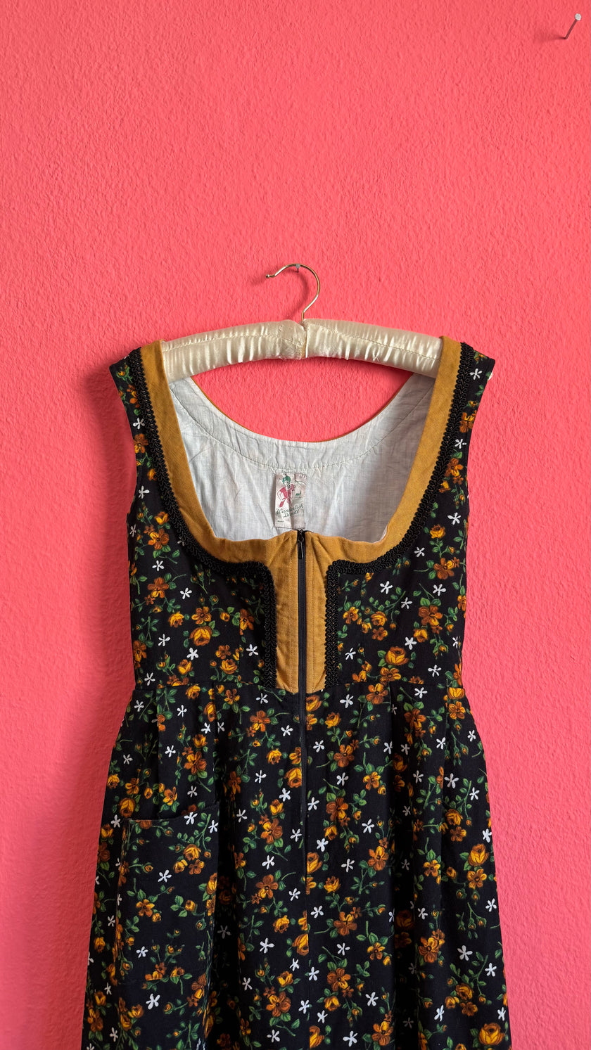 Vintage 1970s Black Floral Dirndl Dress by Wunderlich Dirndl