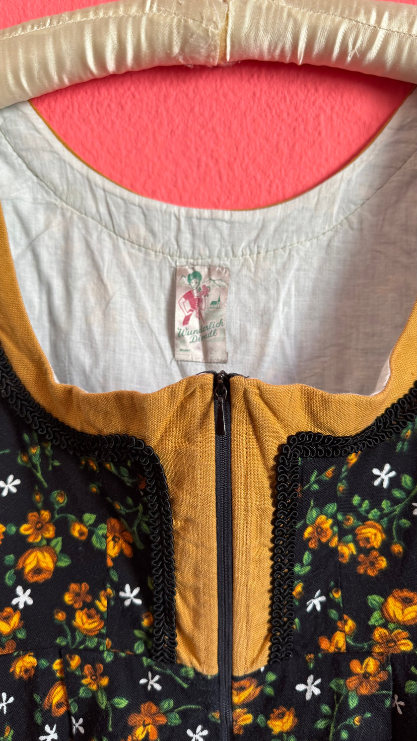 Vintage 1970s Black Floral Dirndl Dress by Wunderlich Dirndl