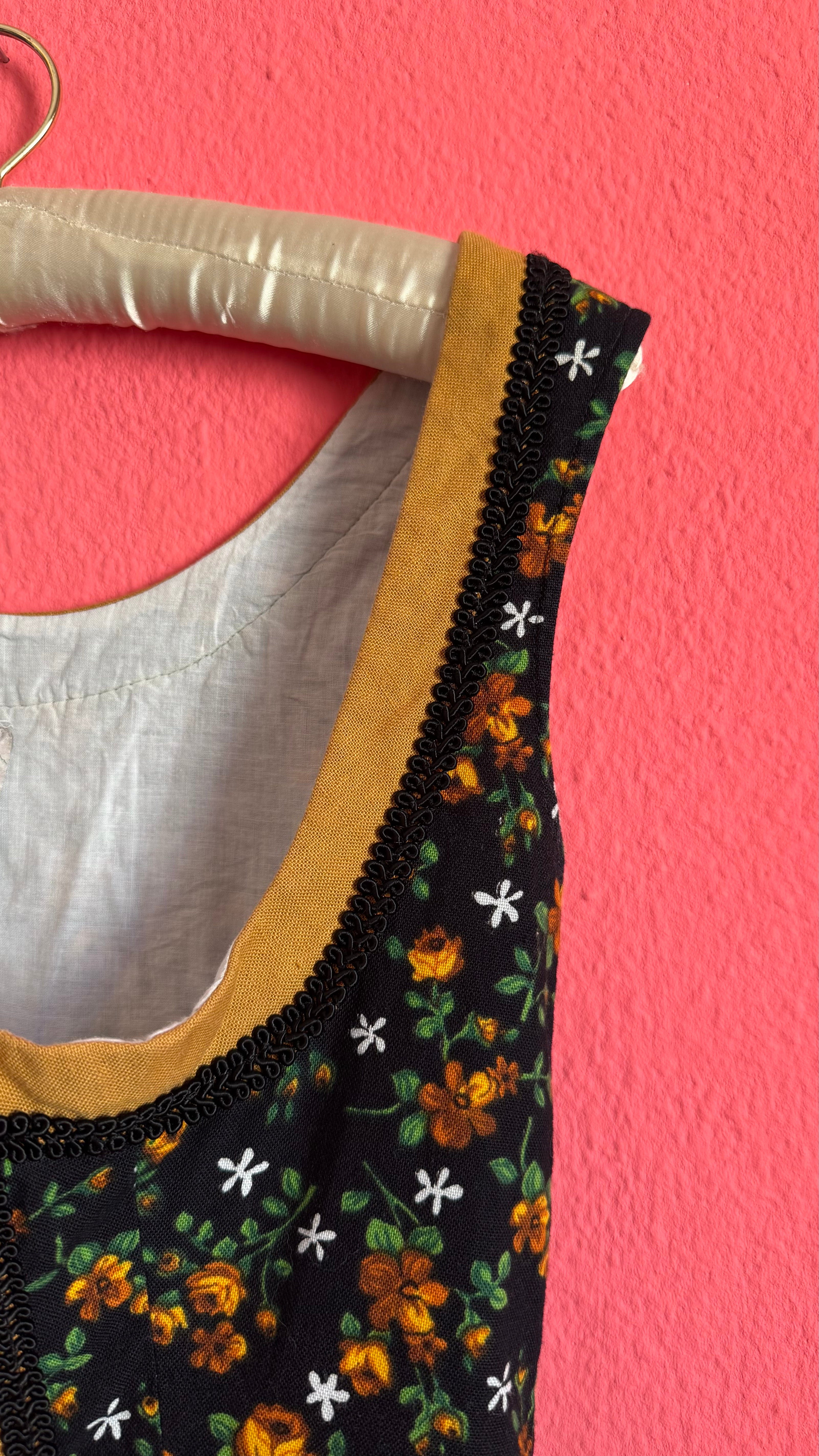 Vintage 1970s Black Floral Dirndl Dress by Wunderlich Dirndl