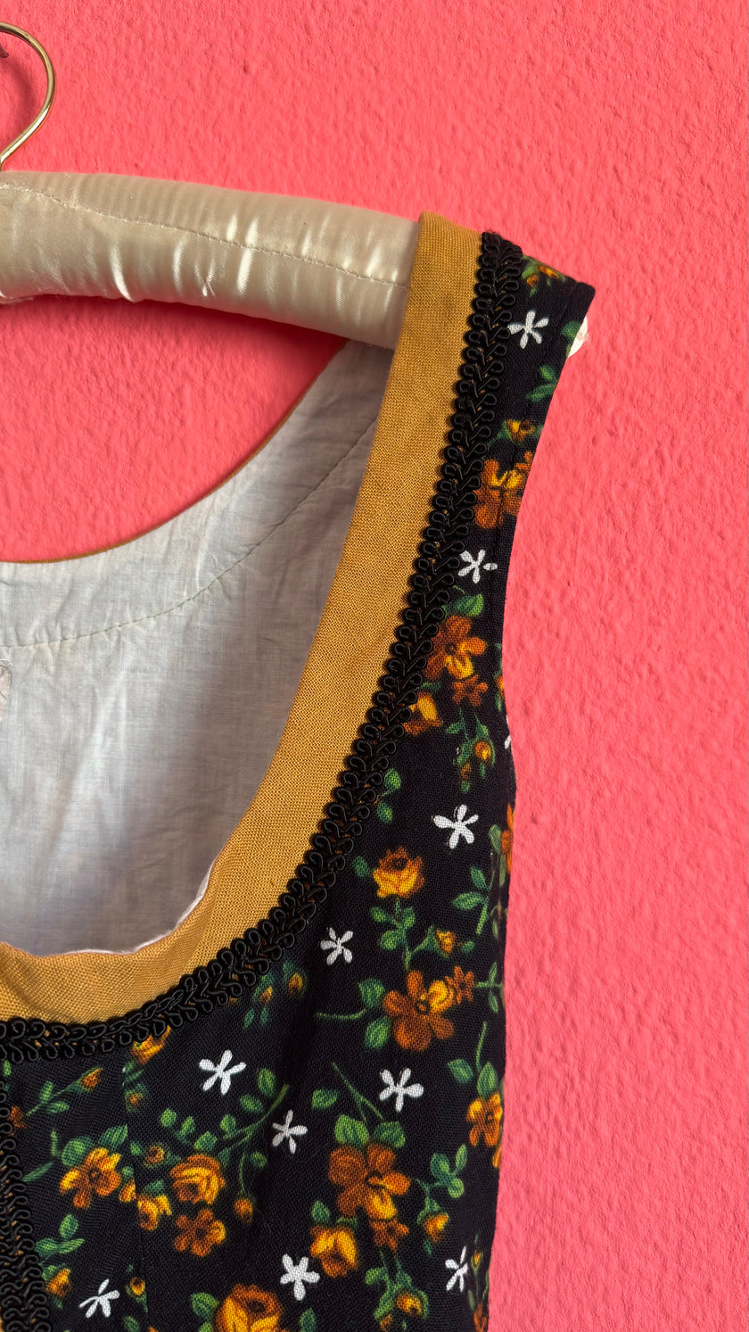 Vintage 1970s Black Floral Dirndl Dress by Wunderlich Dirndl