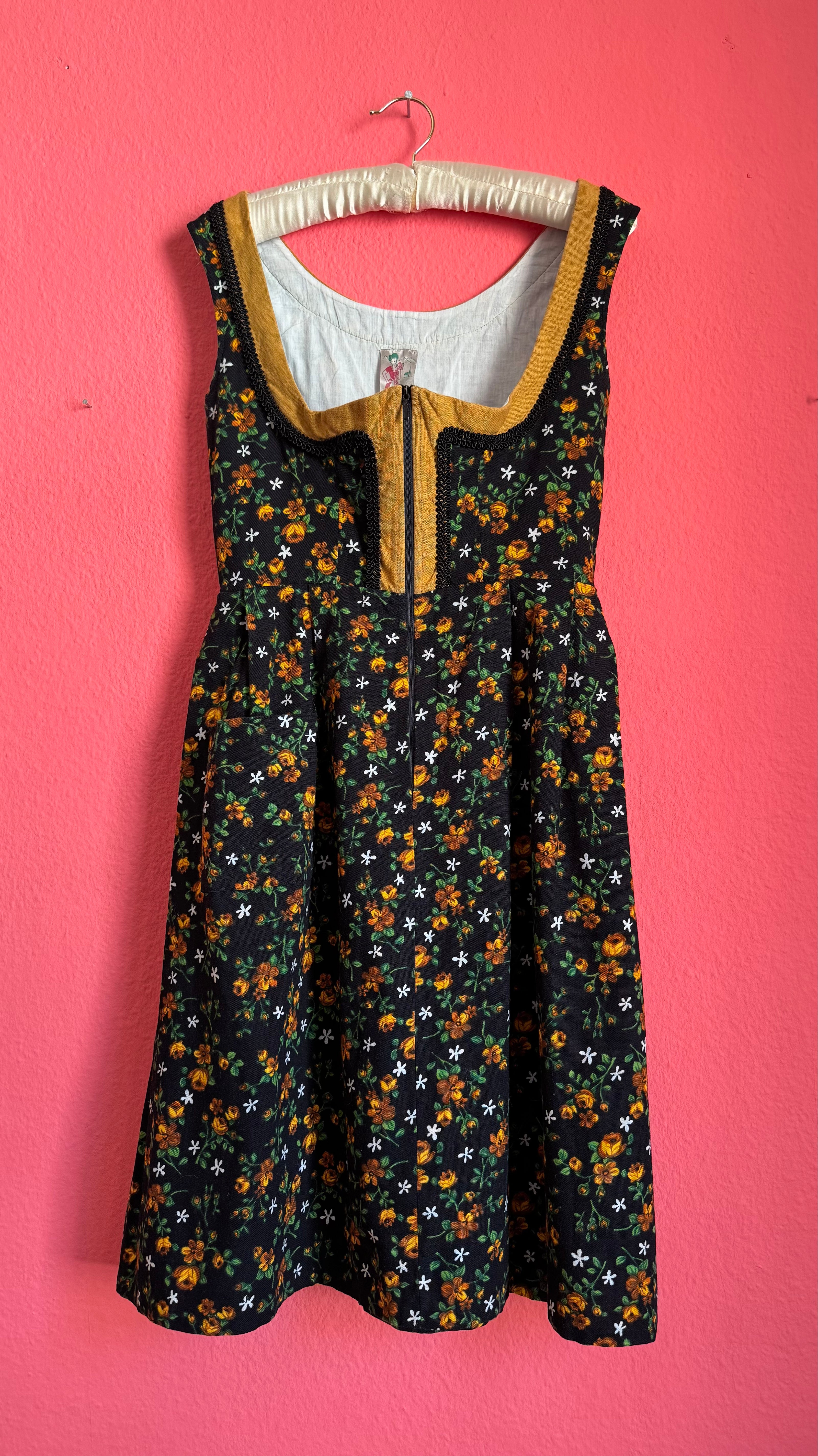 Vintage 1970s Black Floral Dirndl Dress by Wunderlich Dirndl
