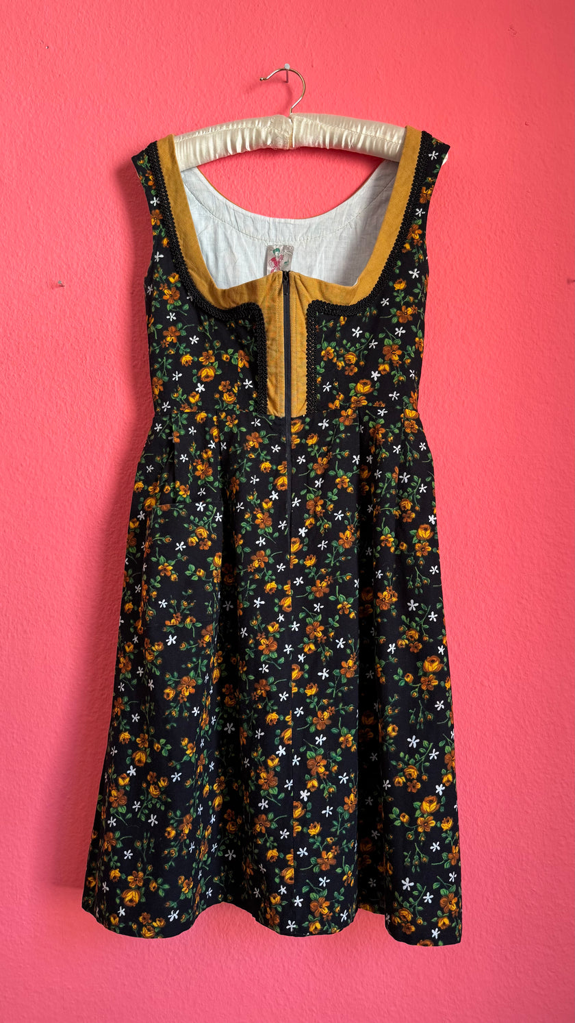 Vintage 1970s Black Floral Dirndl Dress by Wunderlich Dirndl