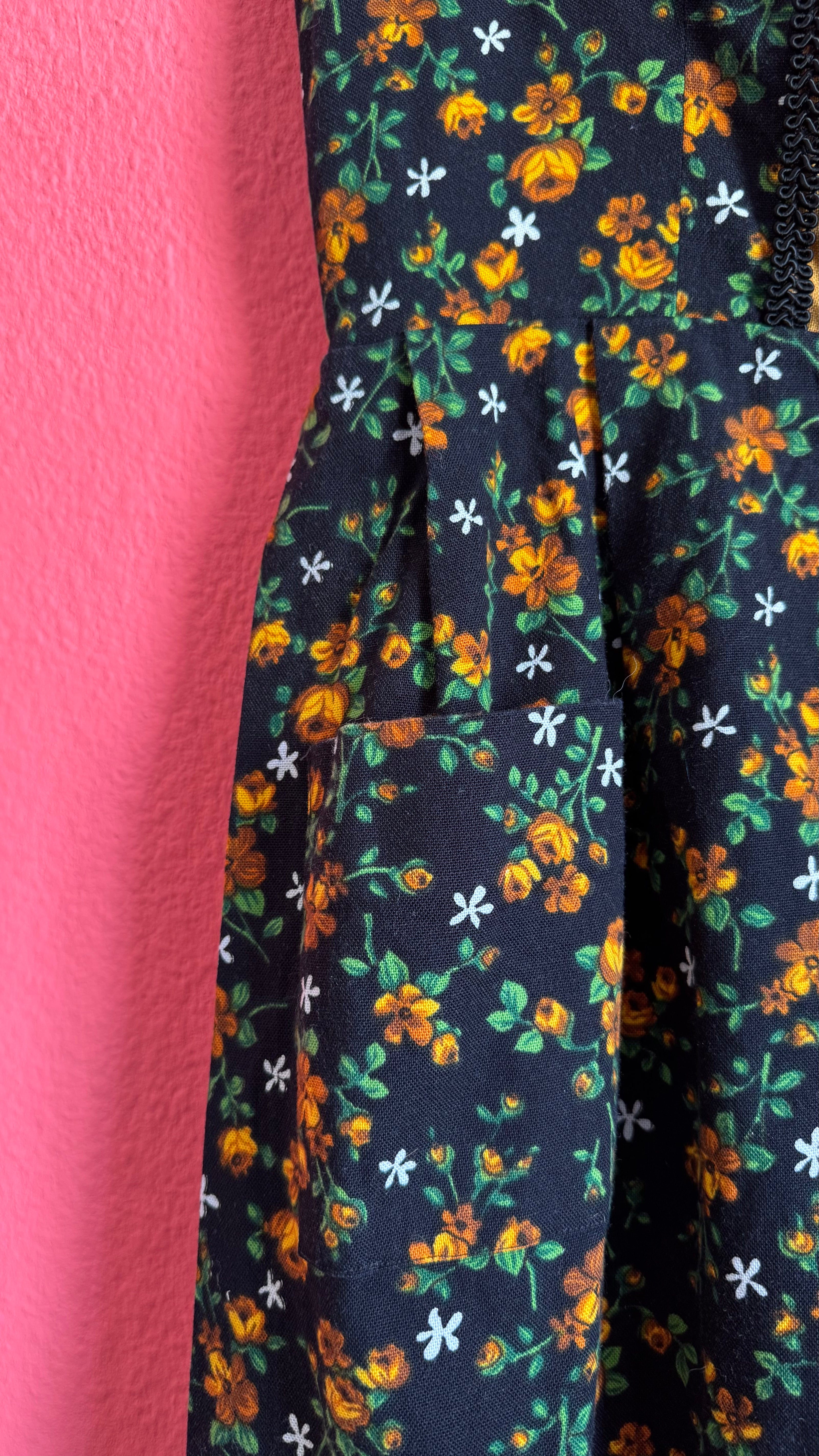 Vintage 1970s Black Floral Dirndl Dress by Wunderlich Dirndl