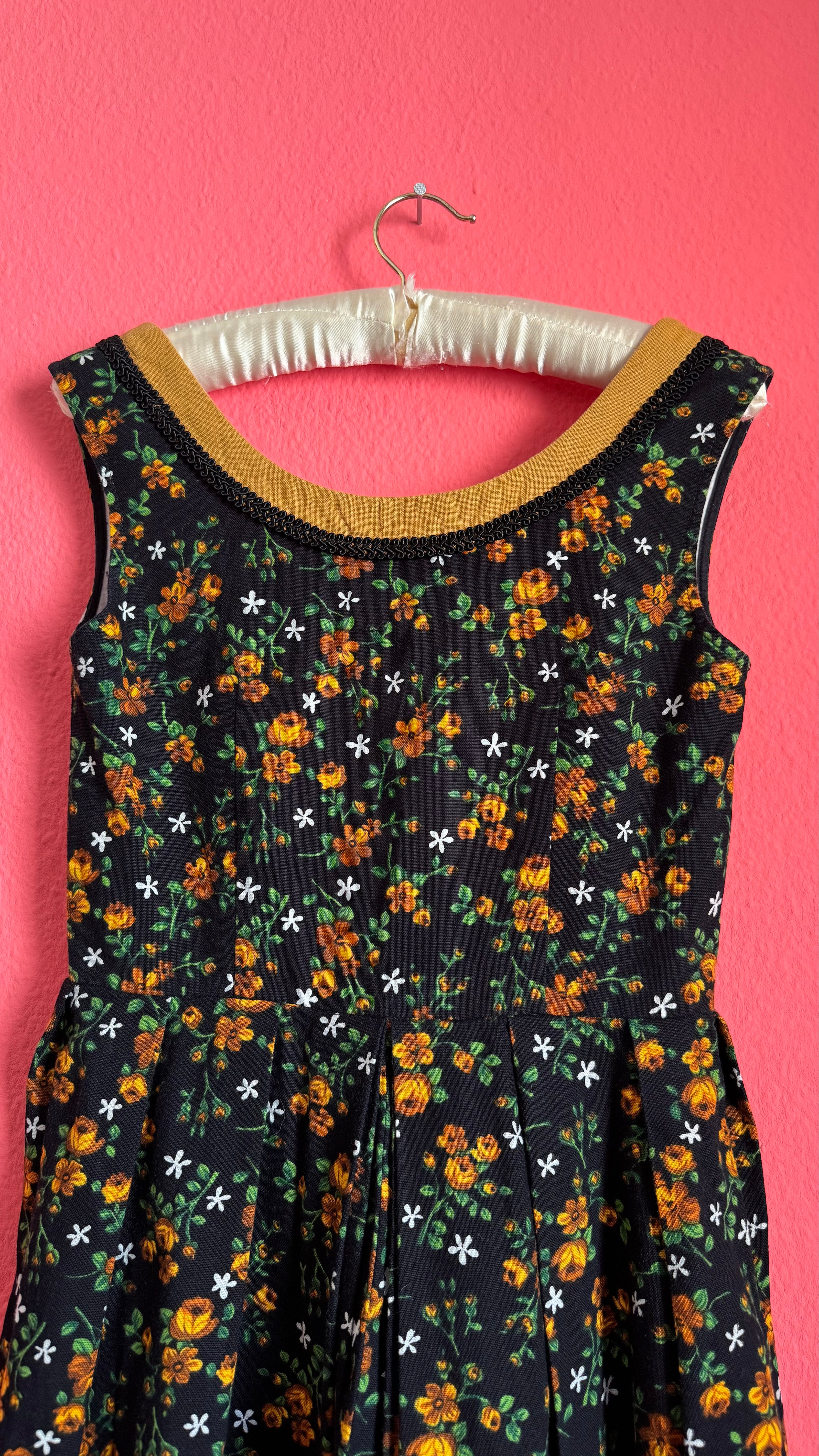 Vintage 1970s Black Floral Dirndl Dress by Wunderlich Dirndl