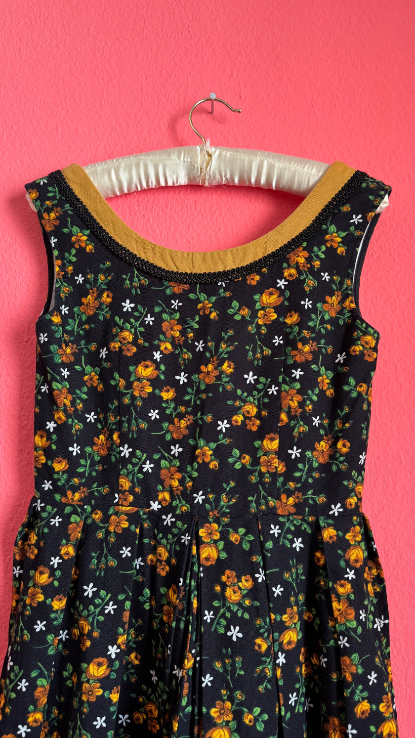 Vintage 1970s Black Floral Dirndl Dress by Wunderlich Dirndl