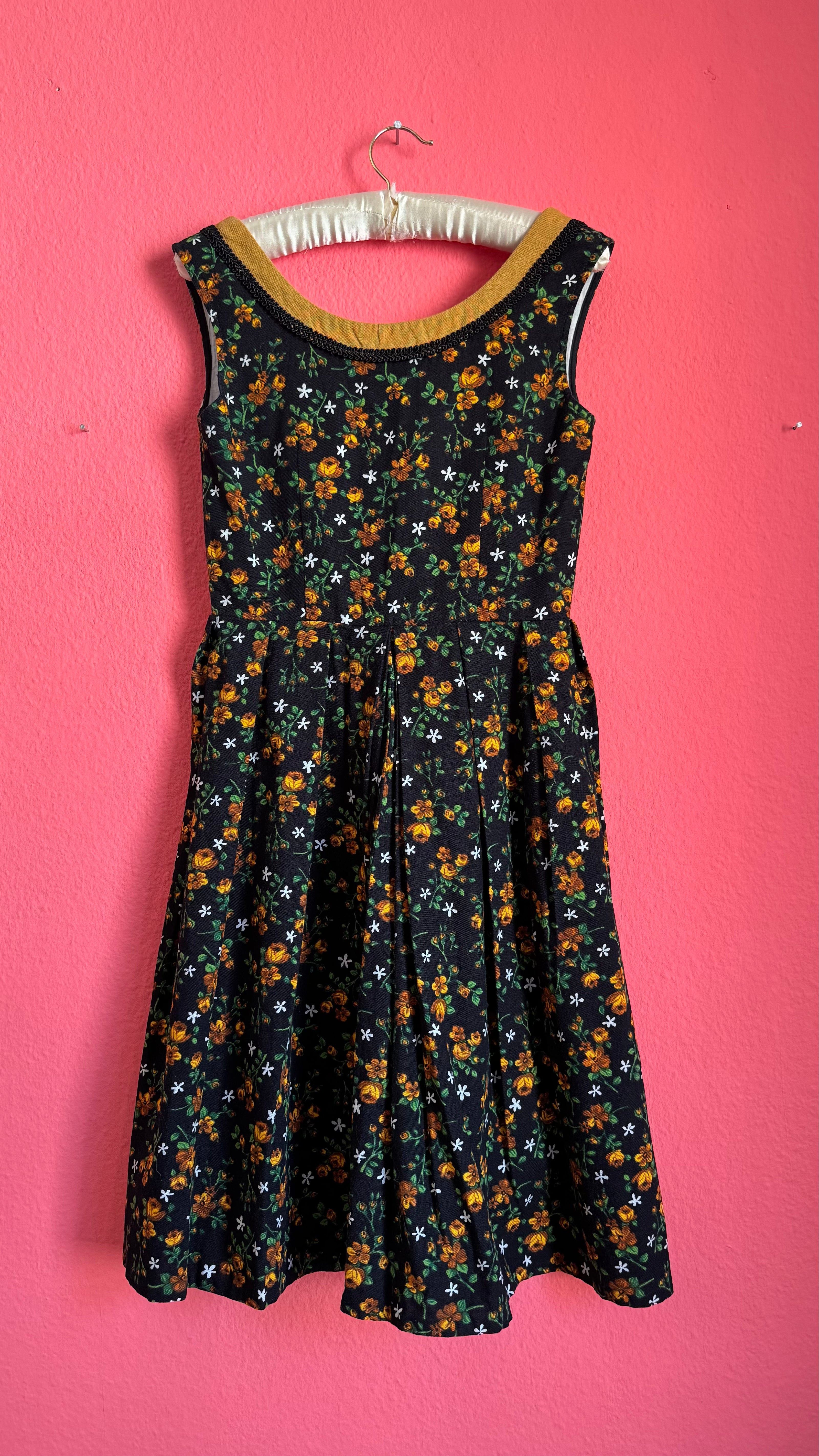 Vintage 1970s Black Floral Dirndl Dress by Wunderlich Dirndl