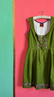 Vintage 1980s Green Floral Dirndl Dress With Silver-Toned Buttons
