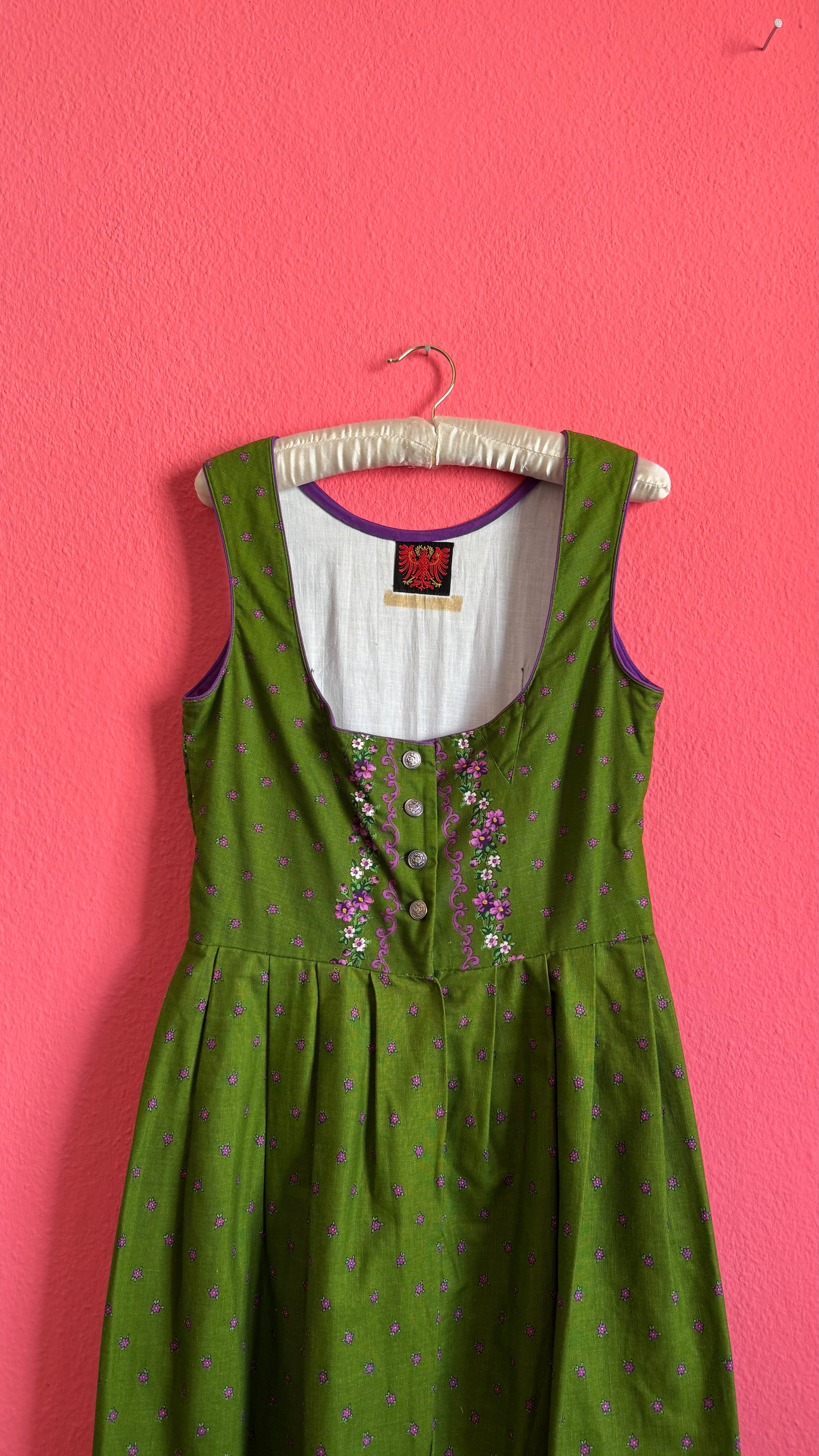 Vintage 1980s Green Floral Dirndl Dress With Silver-Toned Buttons