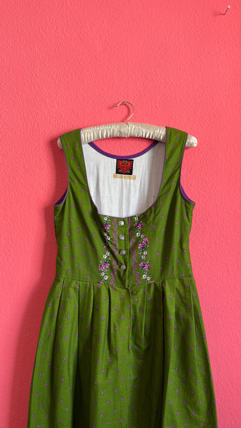 Vintage 1980s Green Floral Dirndl Dress With Silver-Toned Buttons