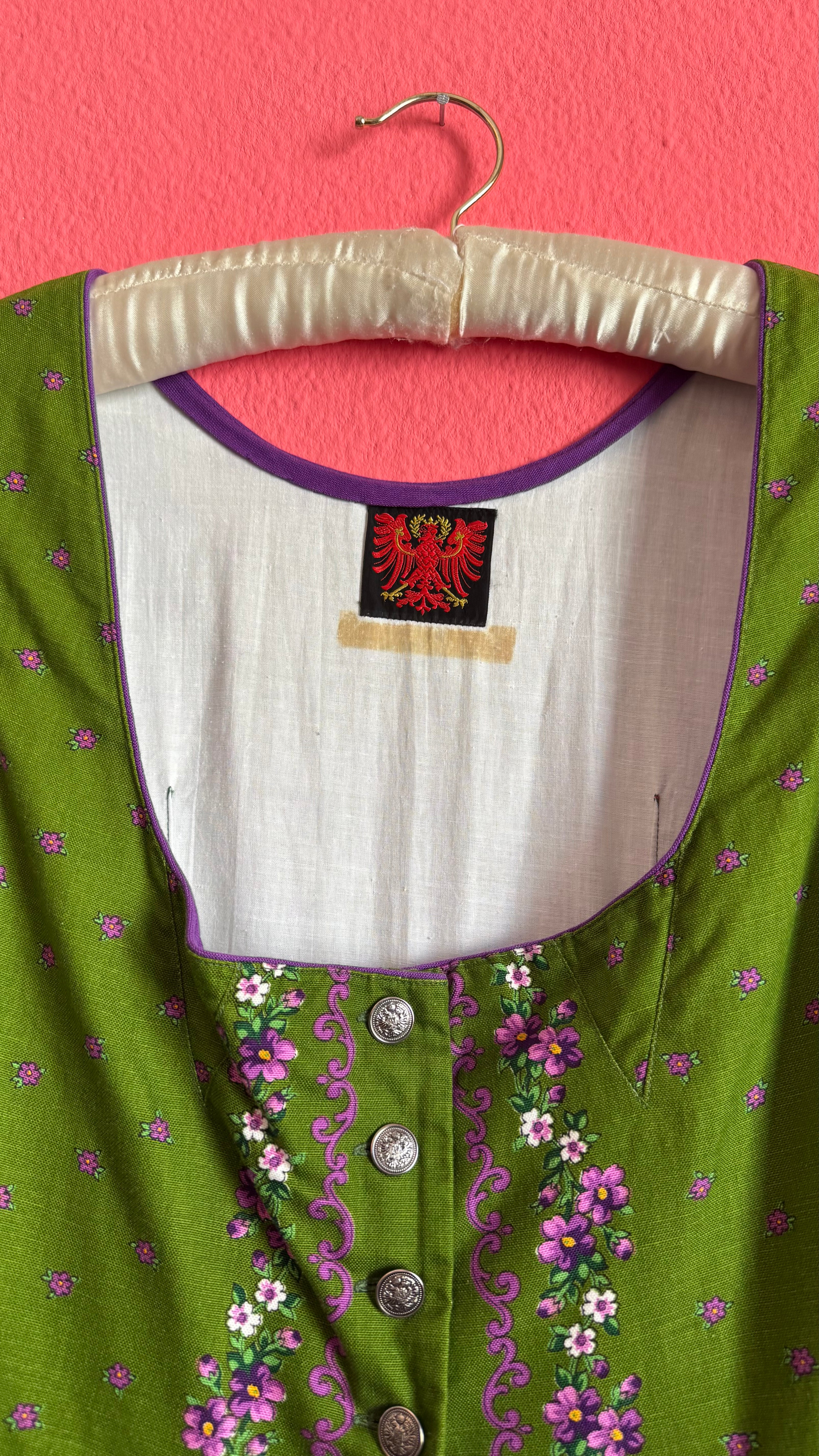Vintage 1980s Green Floral Dirndl Dress With Silver-Toned Buttons