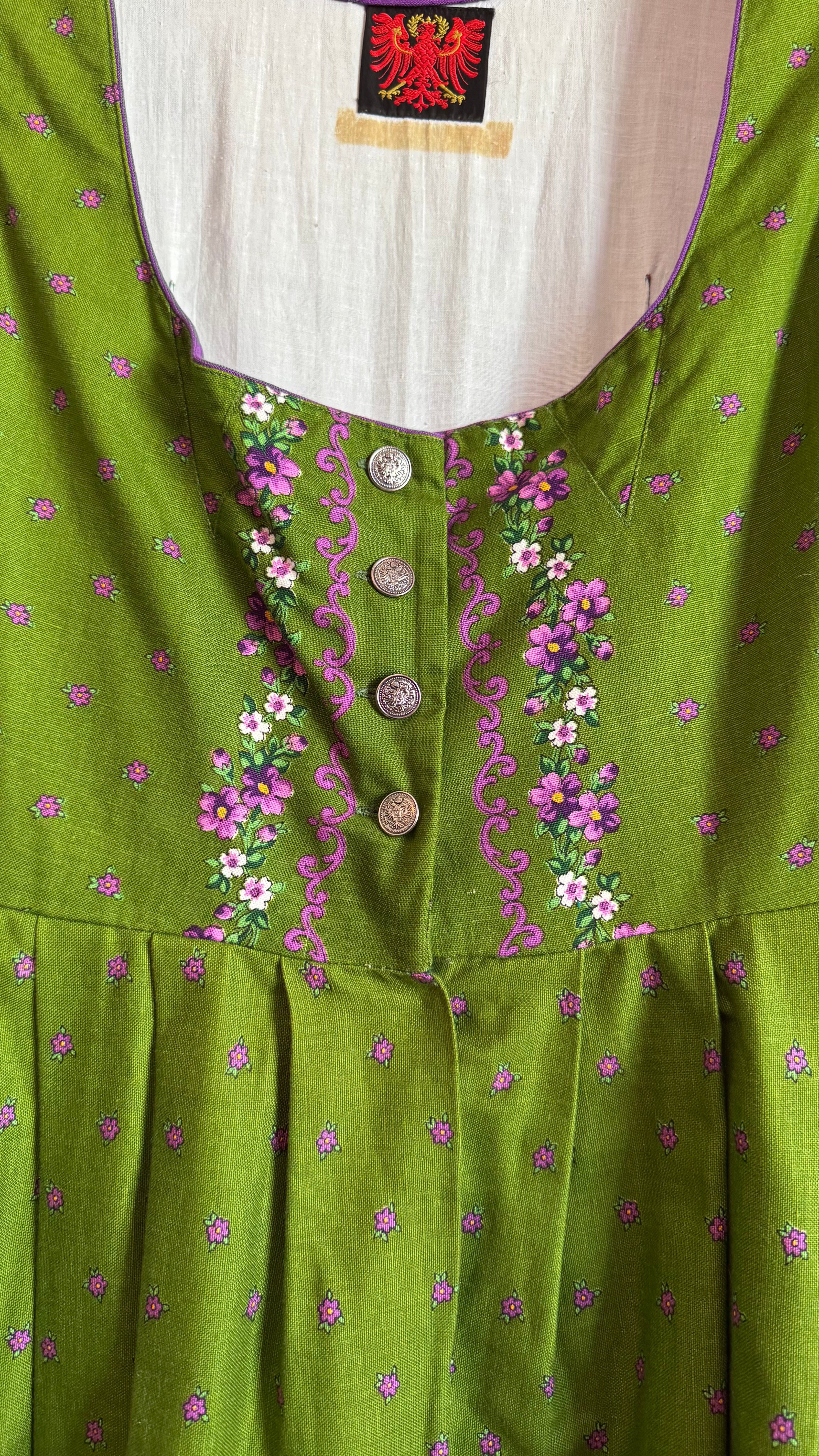 Vintage 1980s Green Floral Dirndl Dress With Silver-Toned Buttons