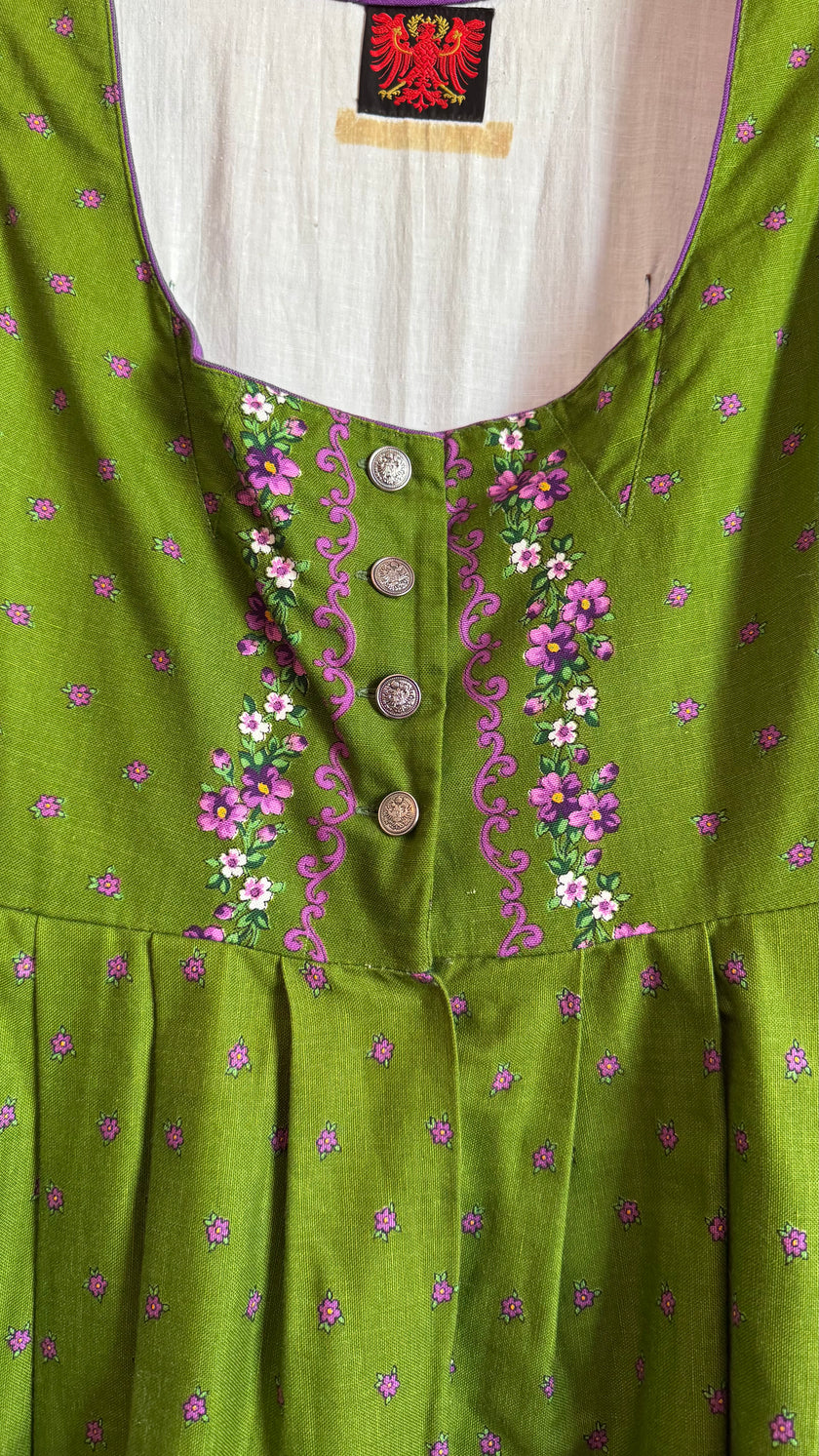 Vintage 1980s Green Floral Dirndl Dress With Silver-Toned Buttons