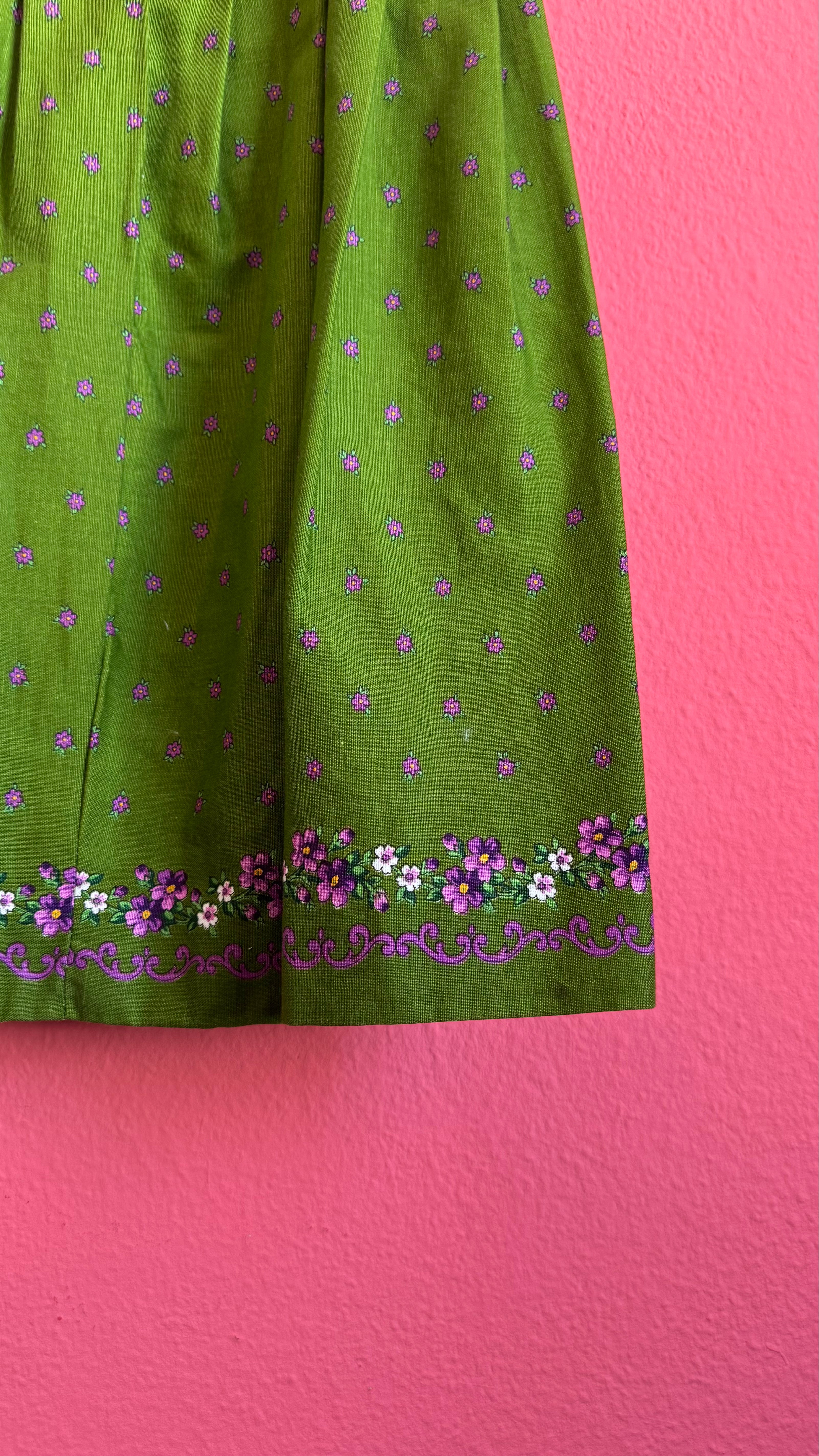 Vintage 1980s Green Floral Dirndl Dress With Silver-Toned Buttons