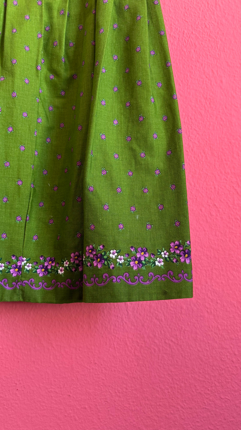 Vintage 1980s Green Floral Dirndl Dress With Silver-Toned Buttons