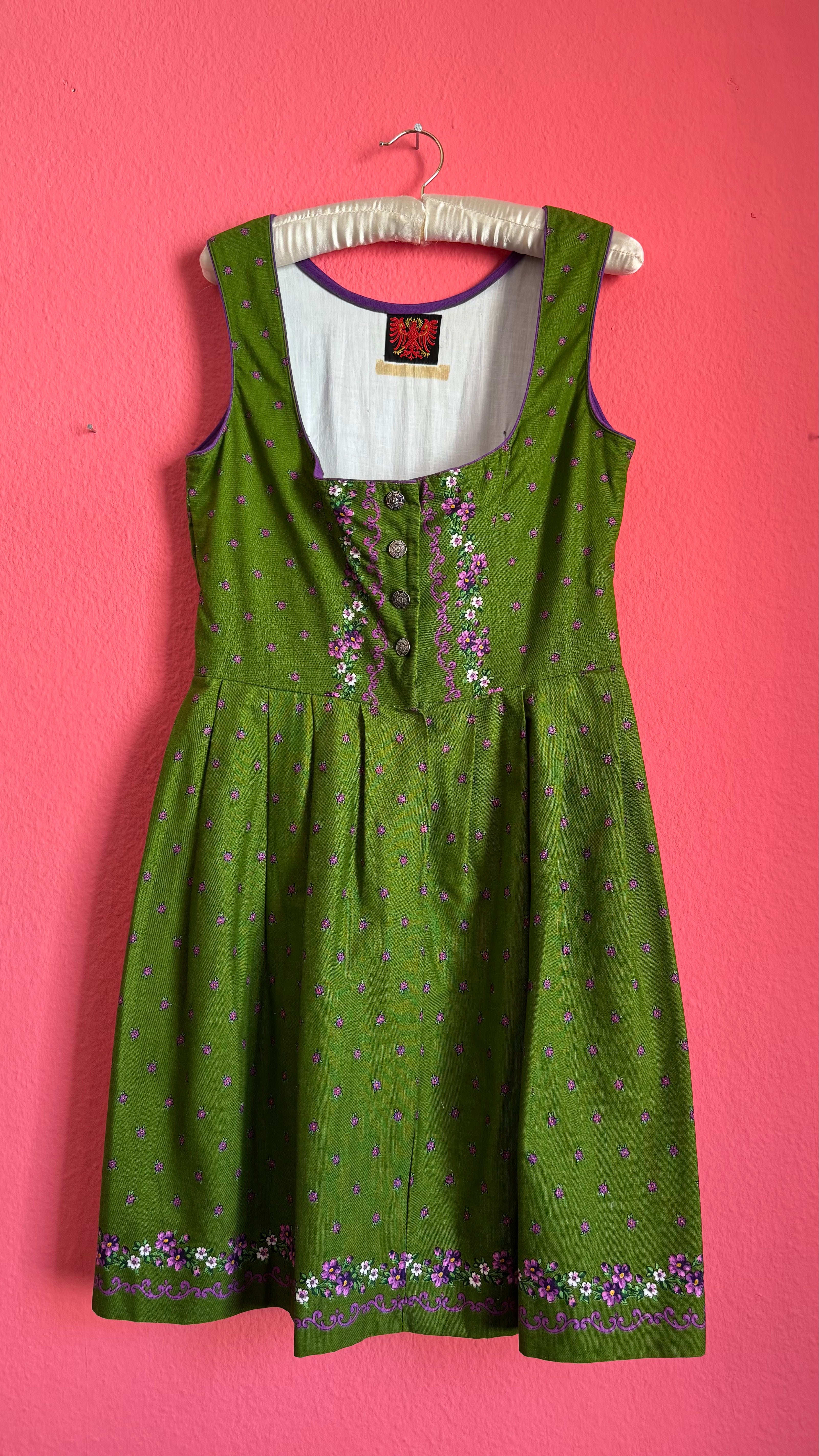 Vintage 1980s Green Floral Dirndl Dress With Silver-Toned Buttons