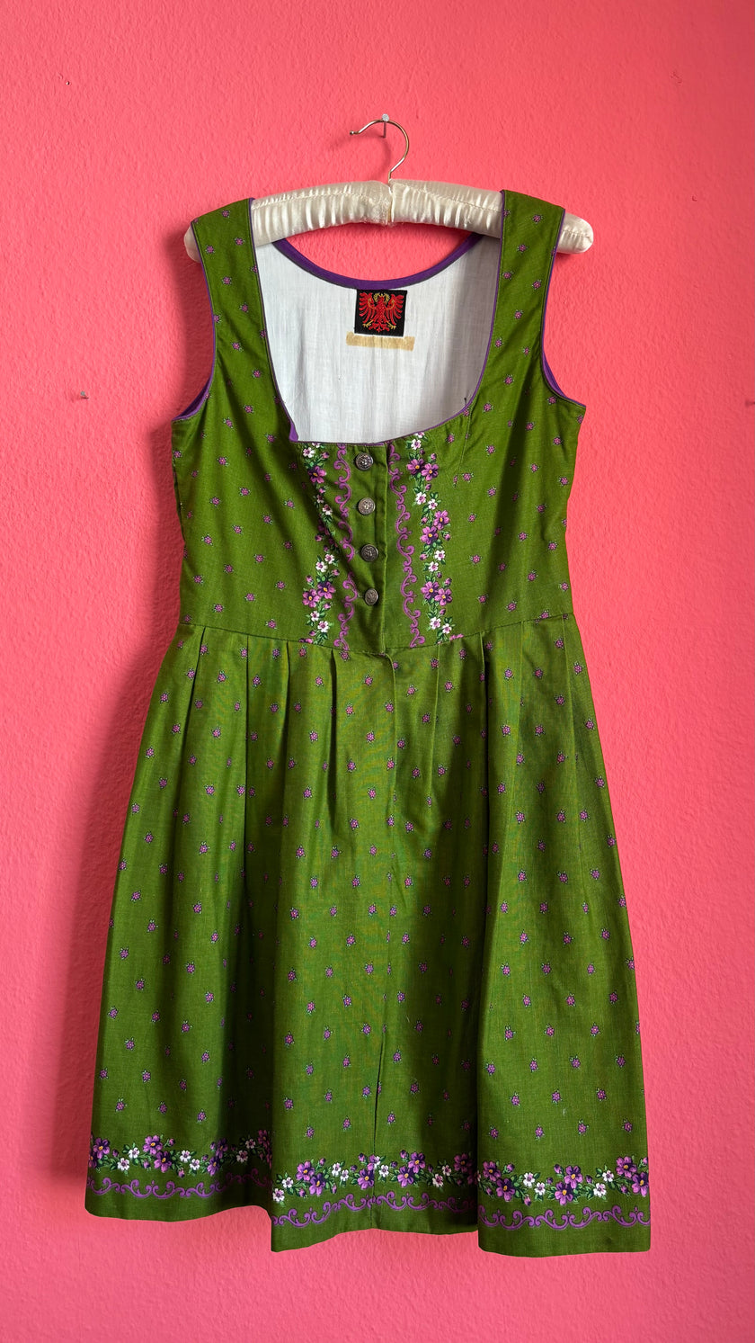 Vintage 1980s Green Floral Dirndl Dress With Silver-Toned Buttons