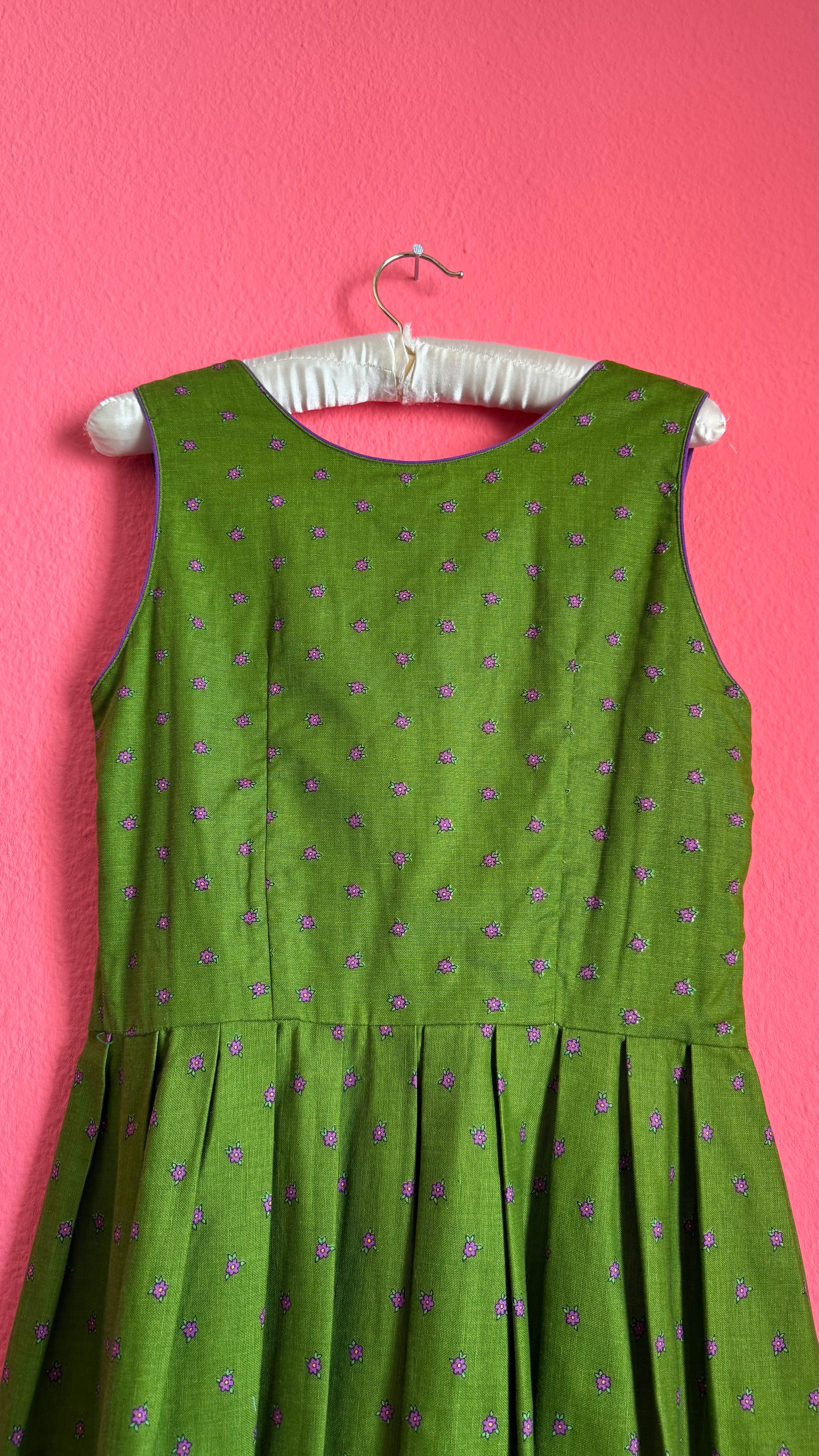 Vintage 1980s Green Floral Dirndl Dress With Silver-Toned Buttons