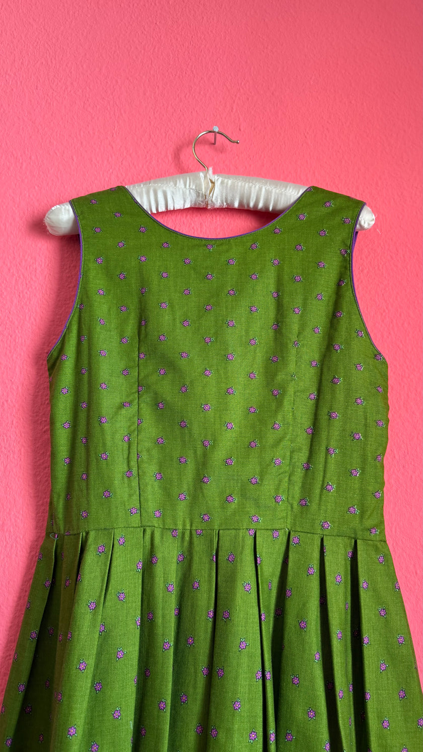 Vintage 1980s Green Floral Dirndl Dress With Silver-Toned Buttons