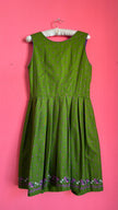 Vintage 1980s Green Floral Dirndl Dress With Silver-Toned Buttons