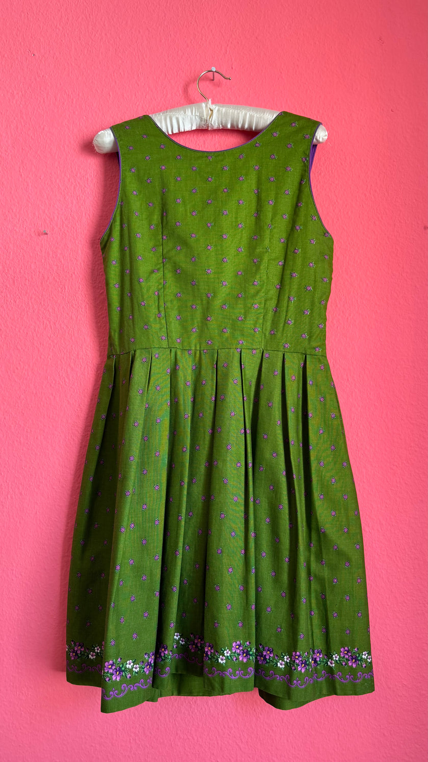 Vintage 1980s Green Floral Dirndl Dress With Silver-Toned Buttons