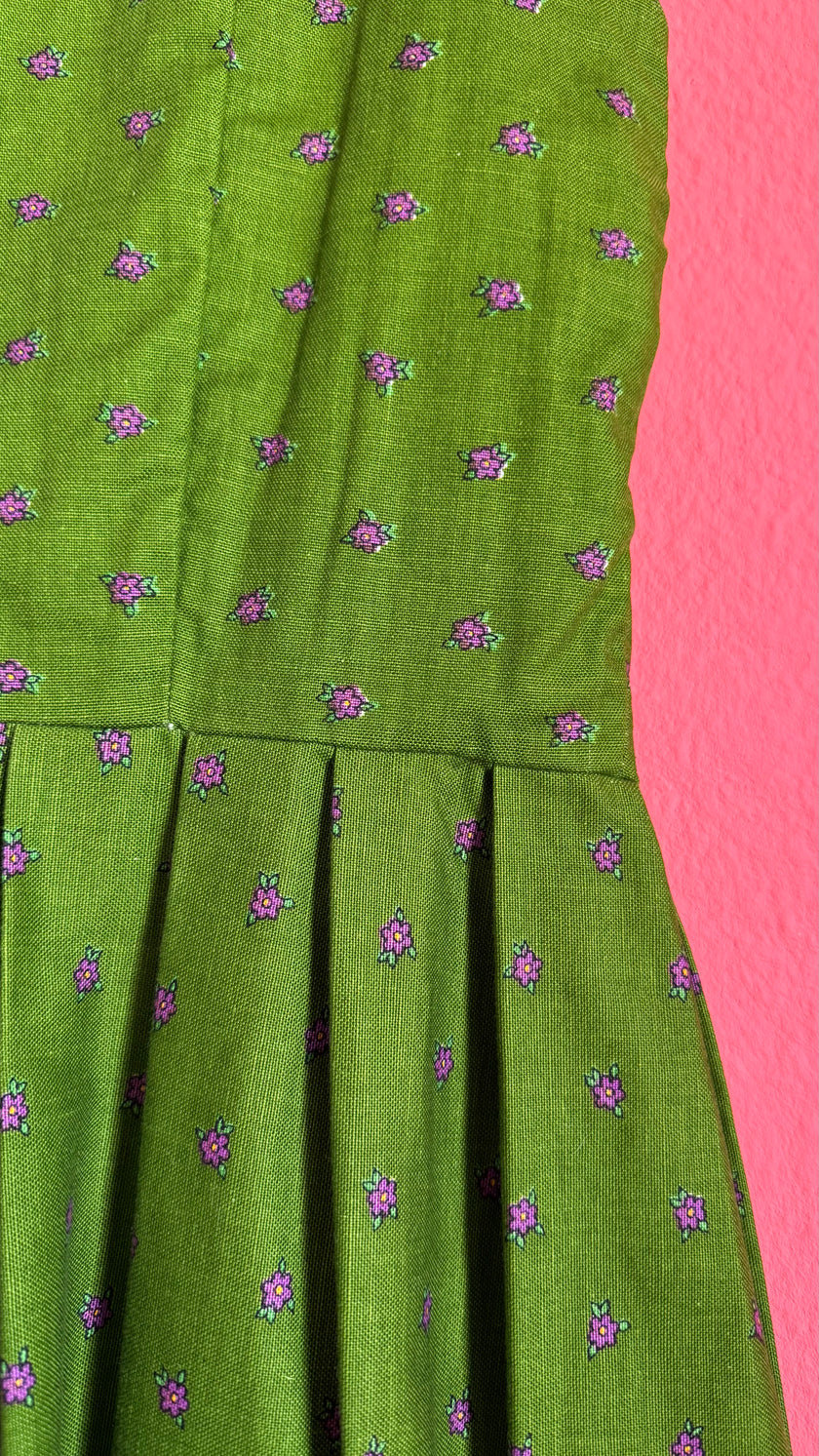 Vintage 1980s Green Floral Dirndl Dress With Silver-Toned Buttons