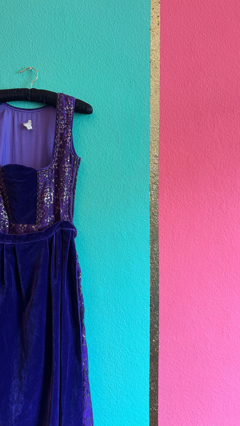 Vintage 1970s Purple Velvet and Brocade Dirndl Maxi Dress