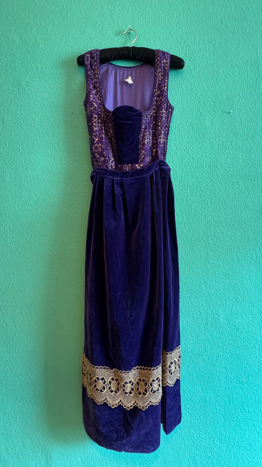 Vintage 1970s Purple Velvet and Brocade Dirndl Maxi Dress