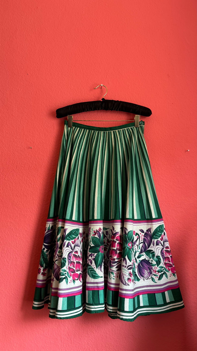 Vintage 1950s-Style Green Striped Floral Border Skirt