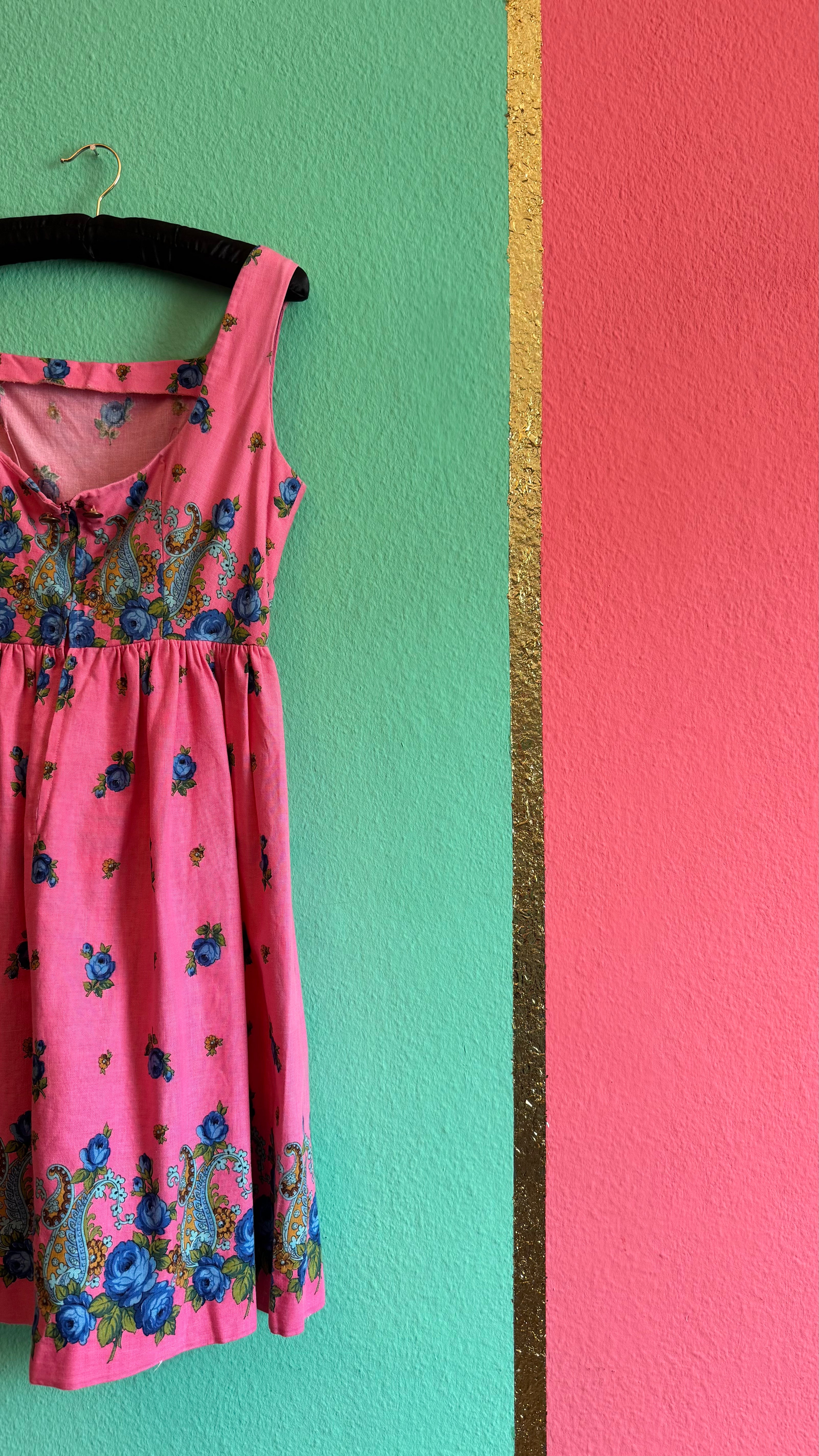 Vintage 1950s-Style Pink Floral Paisley Cotton Dress