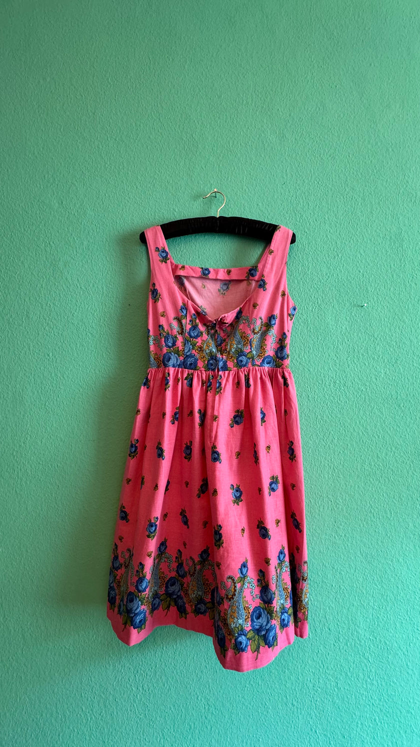 Vintage 1950s-Style Pink Floral Paisley Cotton Dress