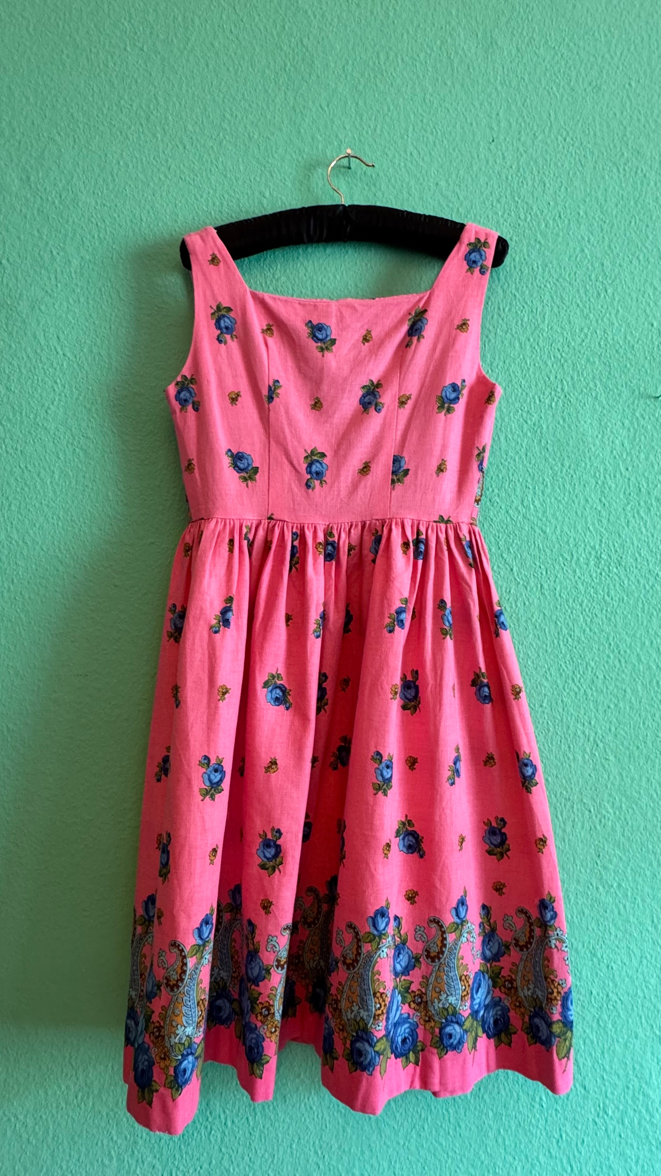 Vintage 1950s-Style Pink Floral Paisley Cotton Dress