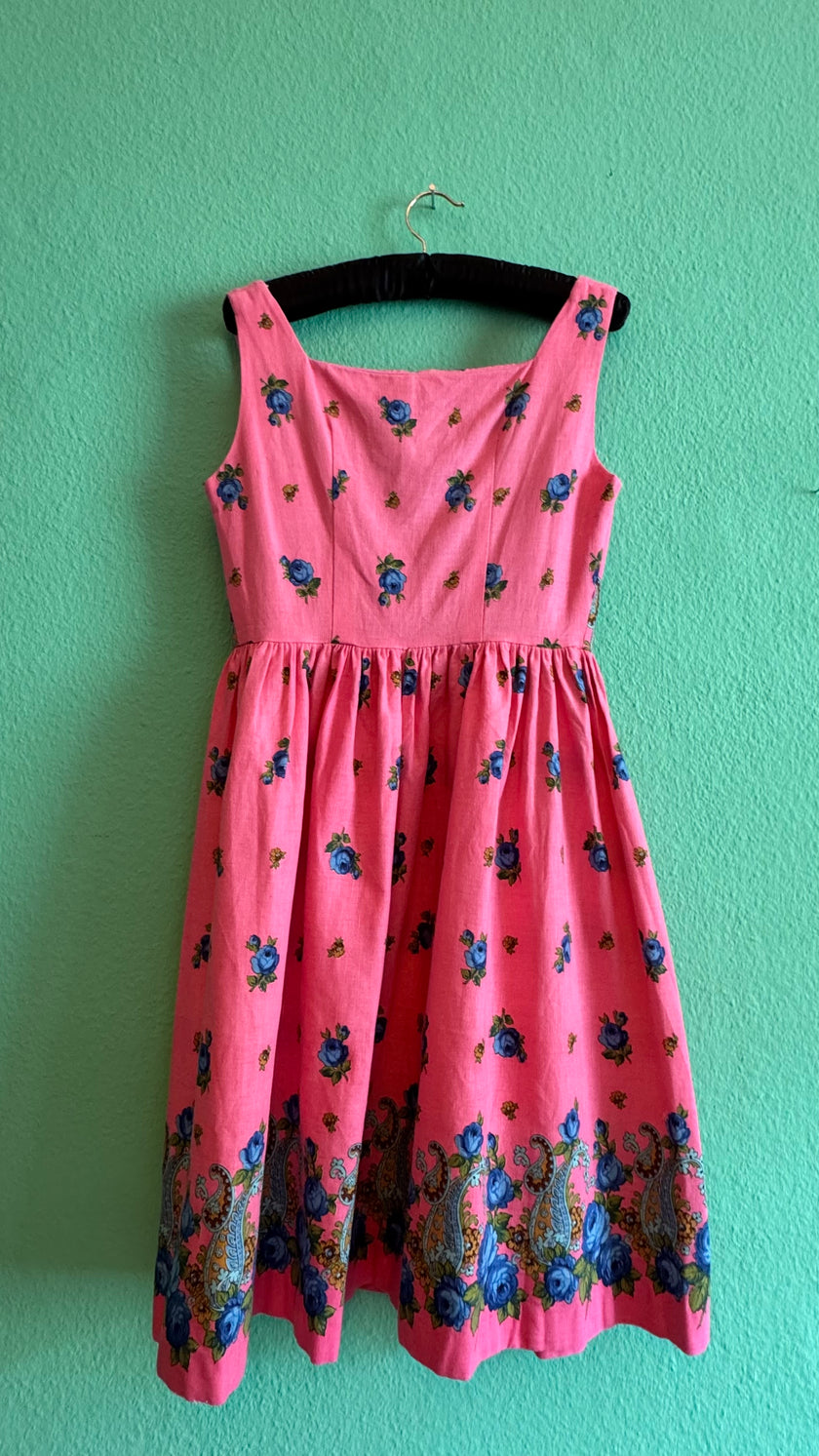Vintage 1950s-Style Pink Floral Paisley Cotton Dress