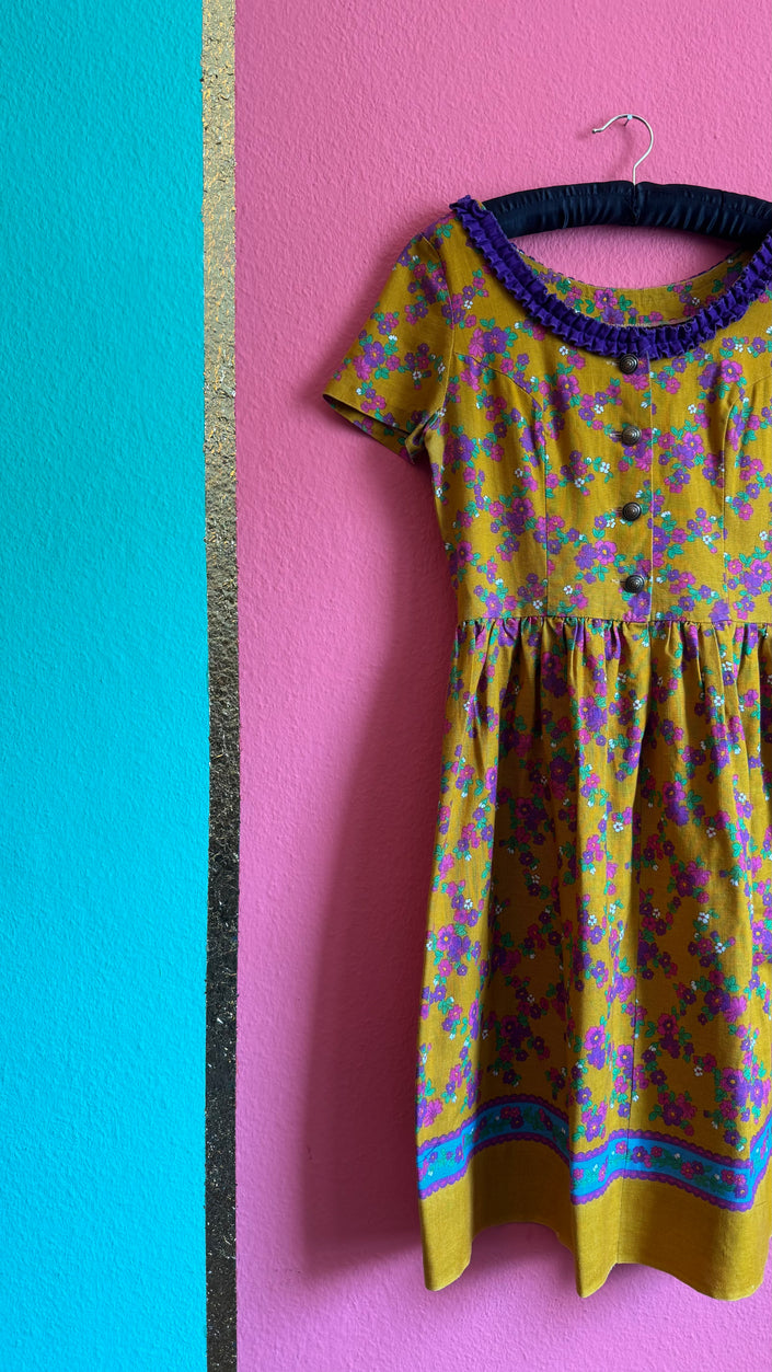 Vintage 1960s Mustard Floral Tracht Dress