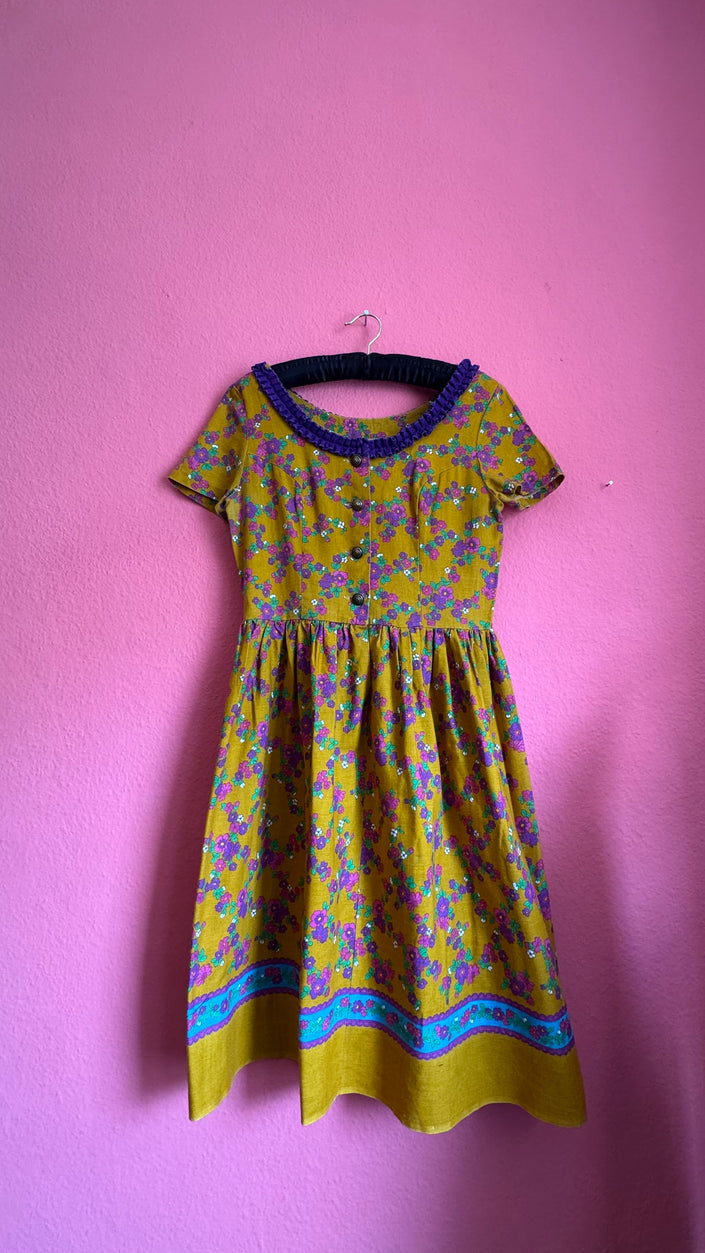 Vintage 1960s Mustard Floral Tracht Dress