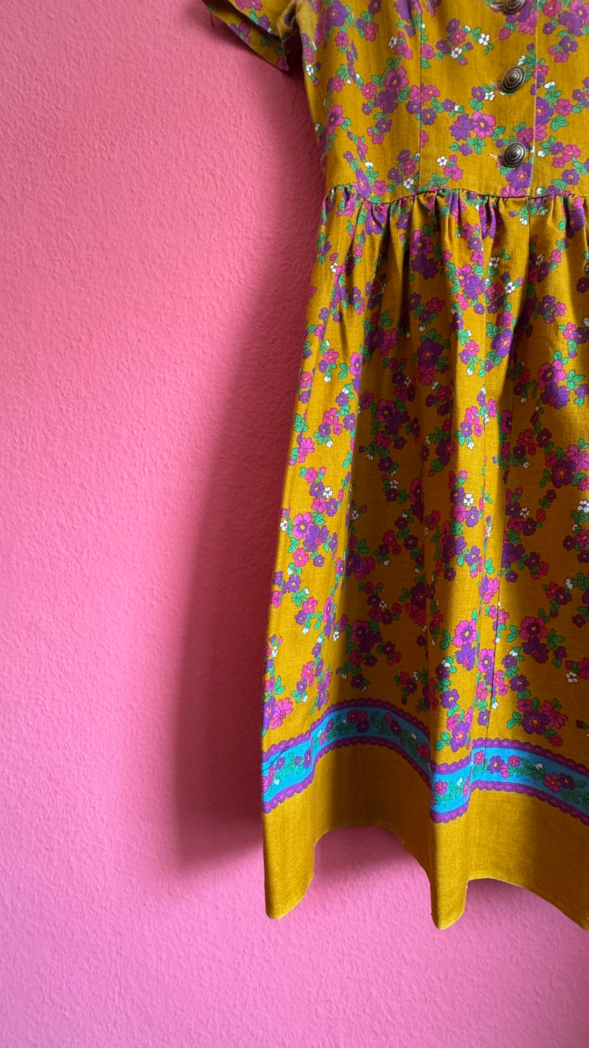Vintage 1960s Mustard Floral Tracht Dress