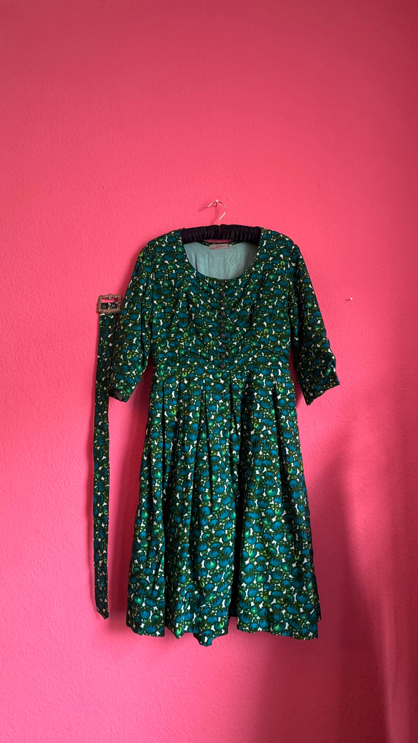 Vintage 1960s Green Floral Tracht Dress by Dirndlstube