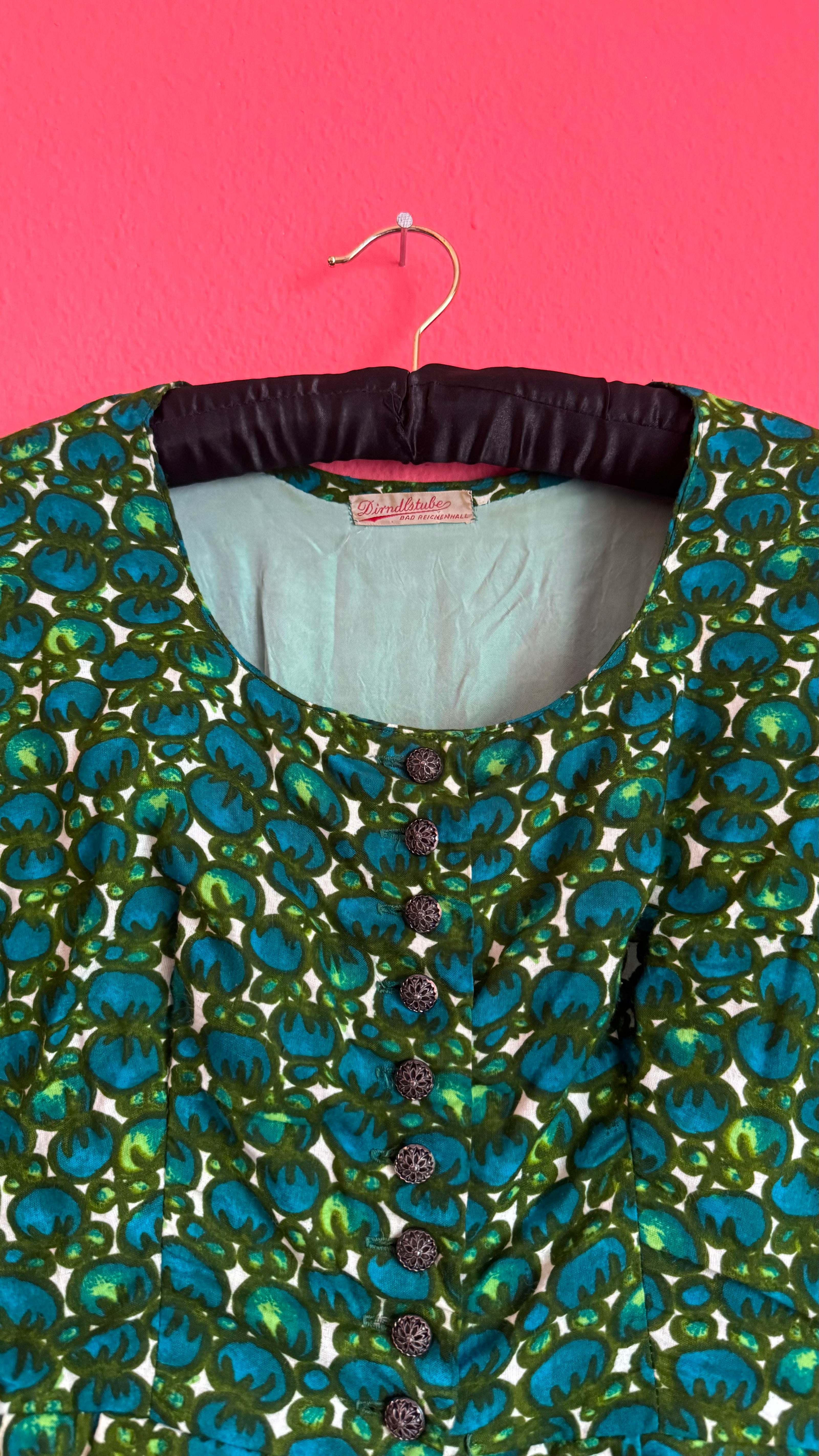 Vintage 1960s Green Floral Tracht Dress by Dirndlstube