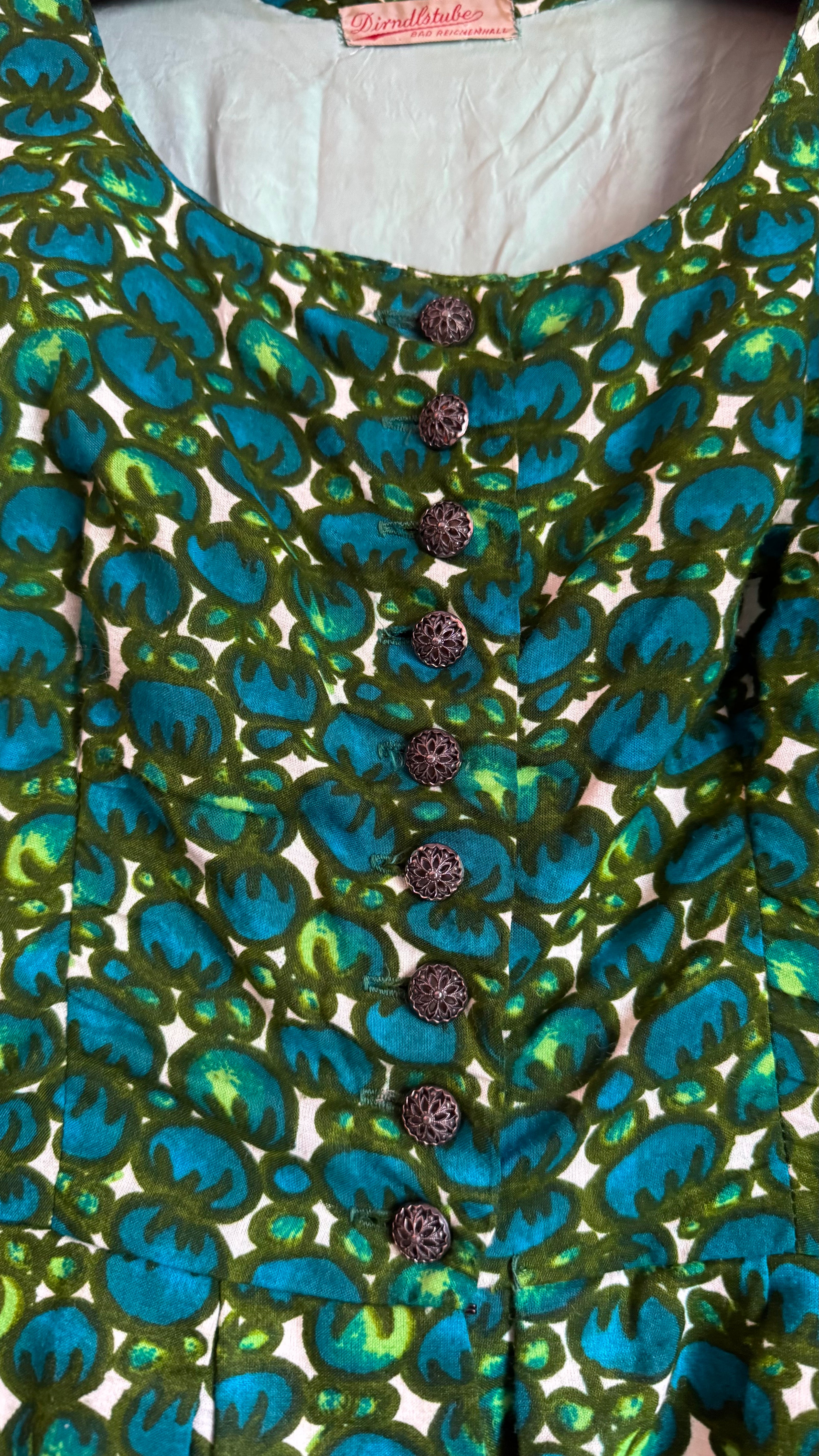 Vintage 1960s Green Floral Tracht Dress by Dirndlstube