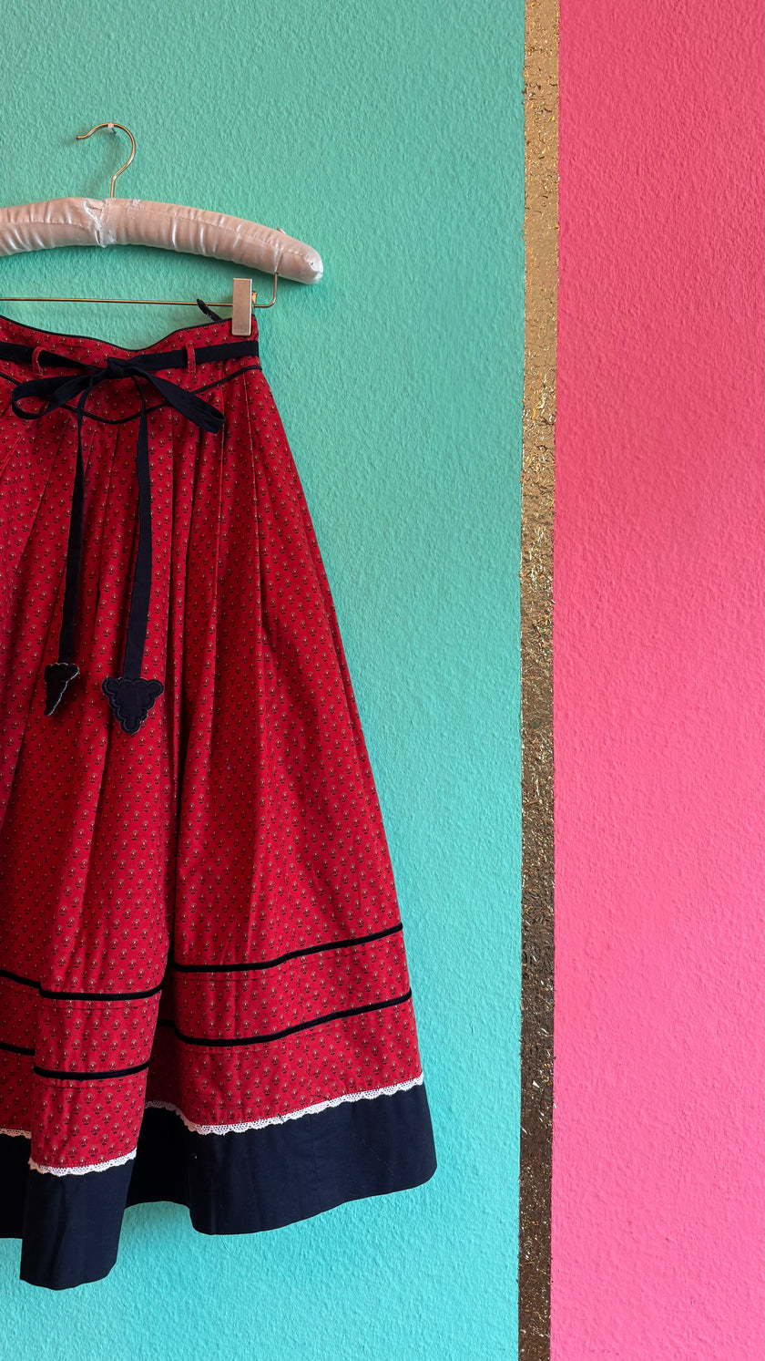 Vintage 1970s Red and Black Tracht Midi Skirt